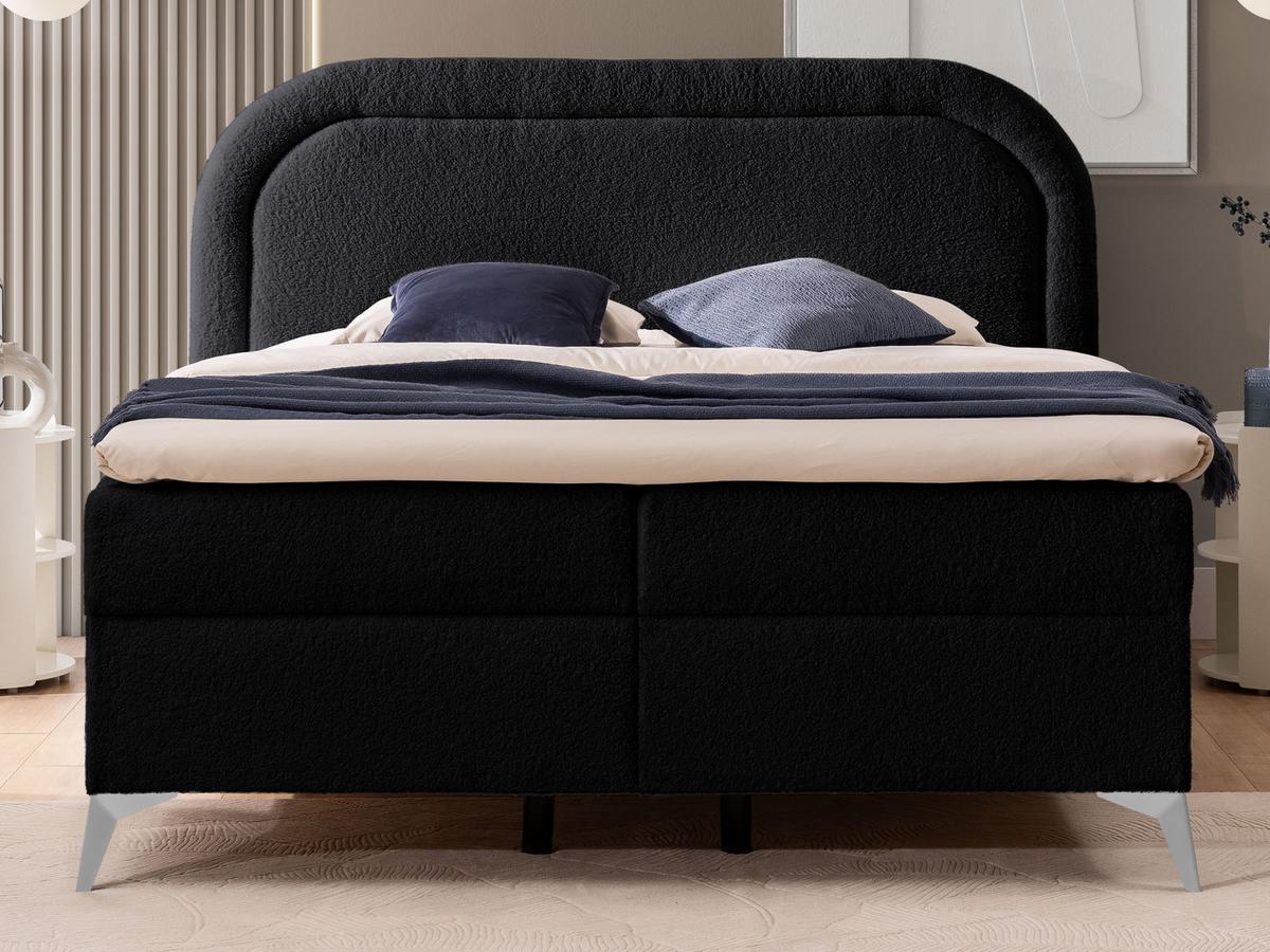 BOXBETT Sonna 200/200 cm Schwarz Bouclé-Stoff mit abgerundetem Kopfteil und mit silbernen Metallfüßen - Silberfarben/Schwarz, Holz/Textil (200/200cm) - S-Style
