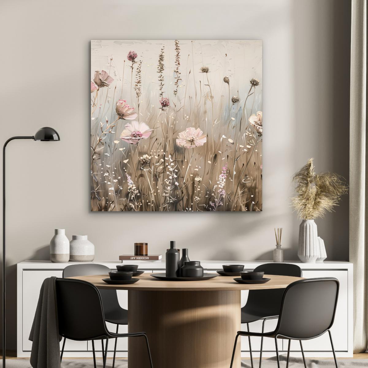 METALLBILD Blumen - Rosa - Modern - Beige 90x90 cm - Beige, Metall (90/90cm) - MuchoWow