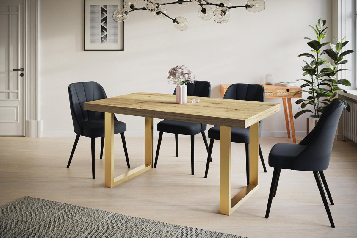 INDUSTRIELLER Esszimmertisch LOFT-U, ausziehbarer Tisch, Größe: 120-220X80X77 cm, Wohnzimmertisch Farbe: ARTISAN, mit Metallbeinen in Farbe Gold - Hellbraun/Goldfarben, Holzwerkstoff (120/80/77cm) - Alpi-Möbel