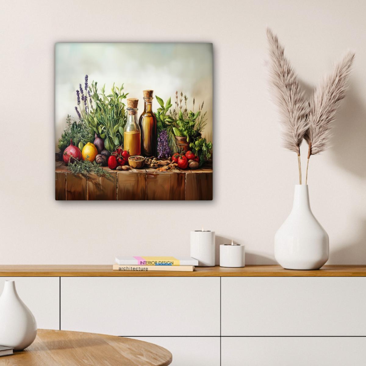 LEINWANDBILD Stilleben - Kräuter - Gewürze - Früchte - Farbenfroh Wandbild Wohnzimmer 50x50 cm - Grün, Textil (50/50cm) - MuchoWow