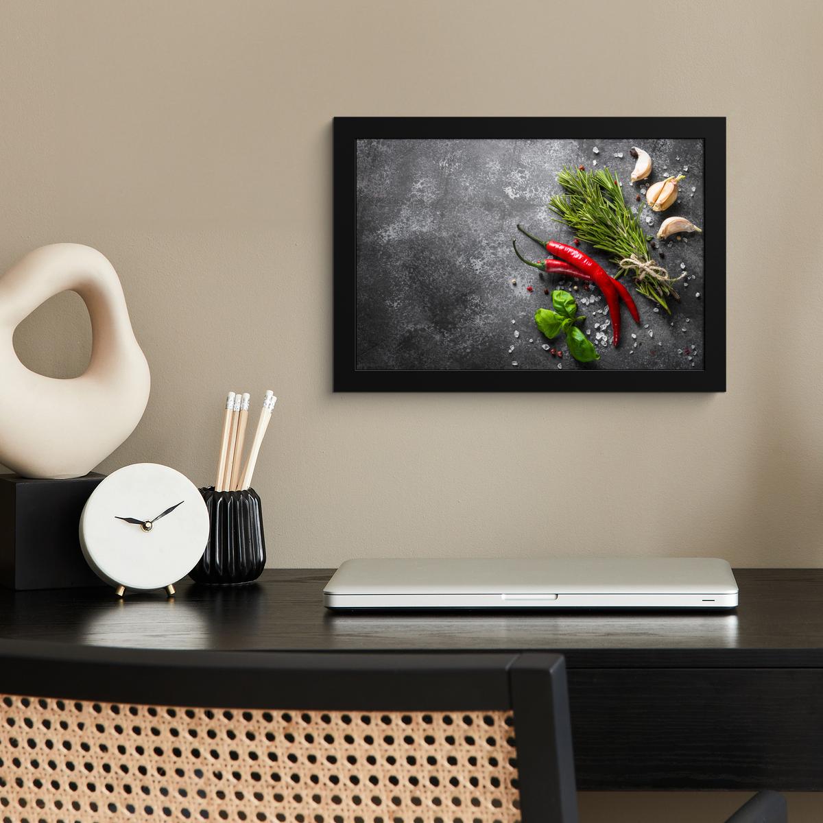 POSTER MIT RAHMENGERAHMTES BILD Pfeffer - Kräuter - Gewürze - Beton 30x20 cm - Dunkelgrau, Papier (30/20cm) - MuchoWow