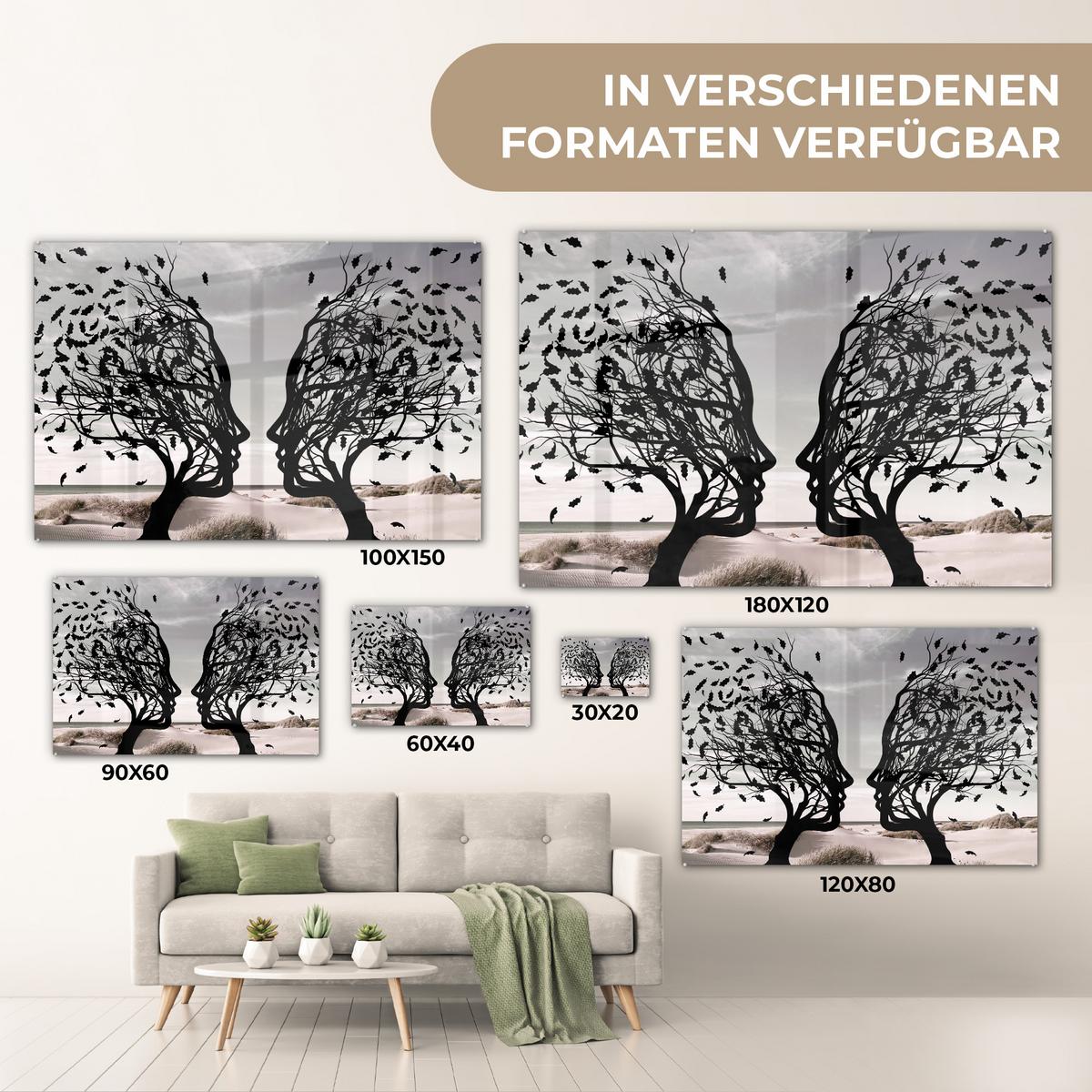 ACRYLGLASBILD Strand - Meer - Menschen - Baum - Moderne Kunst Wanddeko 60x40 cm - Hellgrau, Glas (60/40cm) - MuchoWow