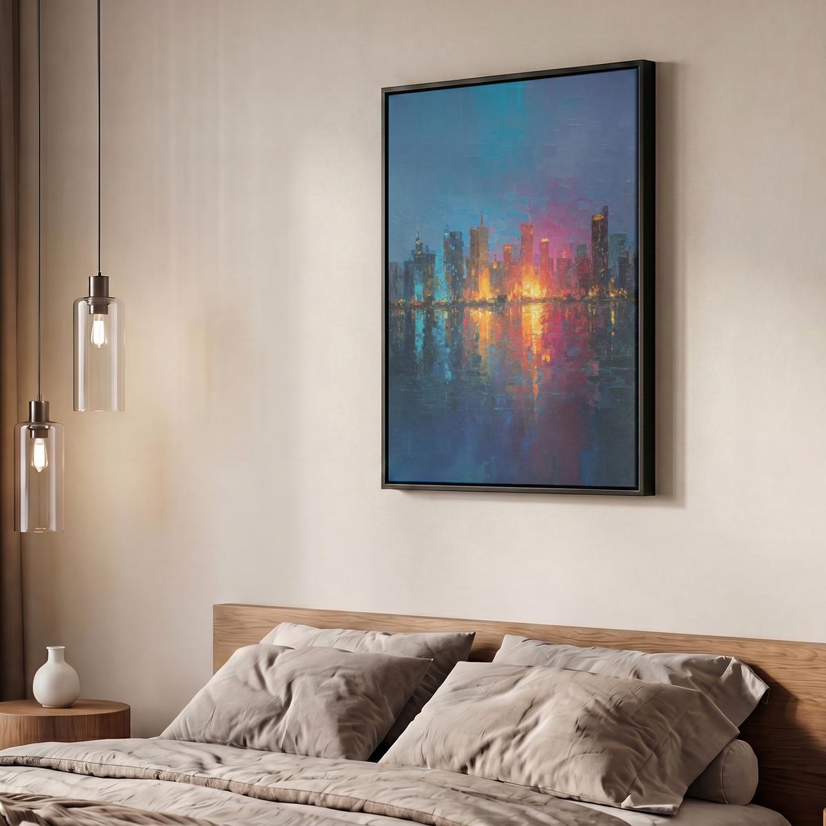 LEINWAND Bilder mit Rahmen - Skyline - Pinselstriche - Dunkelblau - Leuchtend - 60x80 - Blau, Textil (60/80cm) - MuchoWow