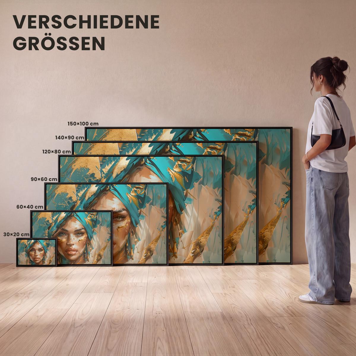 LEINWAND Bilder mit Rahmen - Frau - Porträt - Gold - Luxus - Blau - 150x100 - Türkis, Textil (150/100cm) - MuchoWow