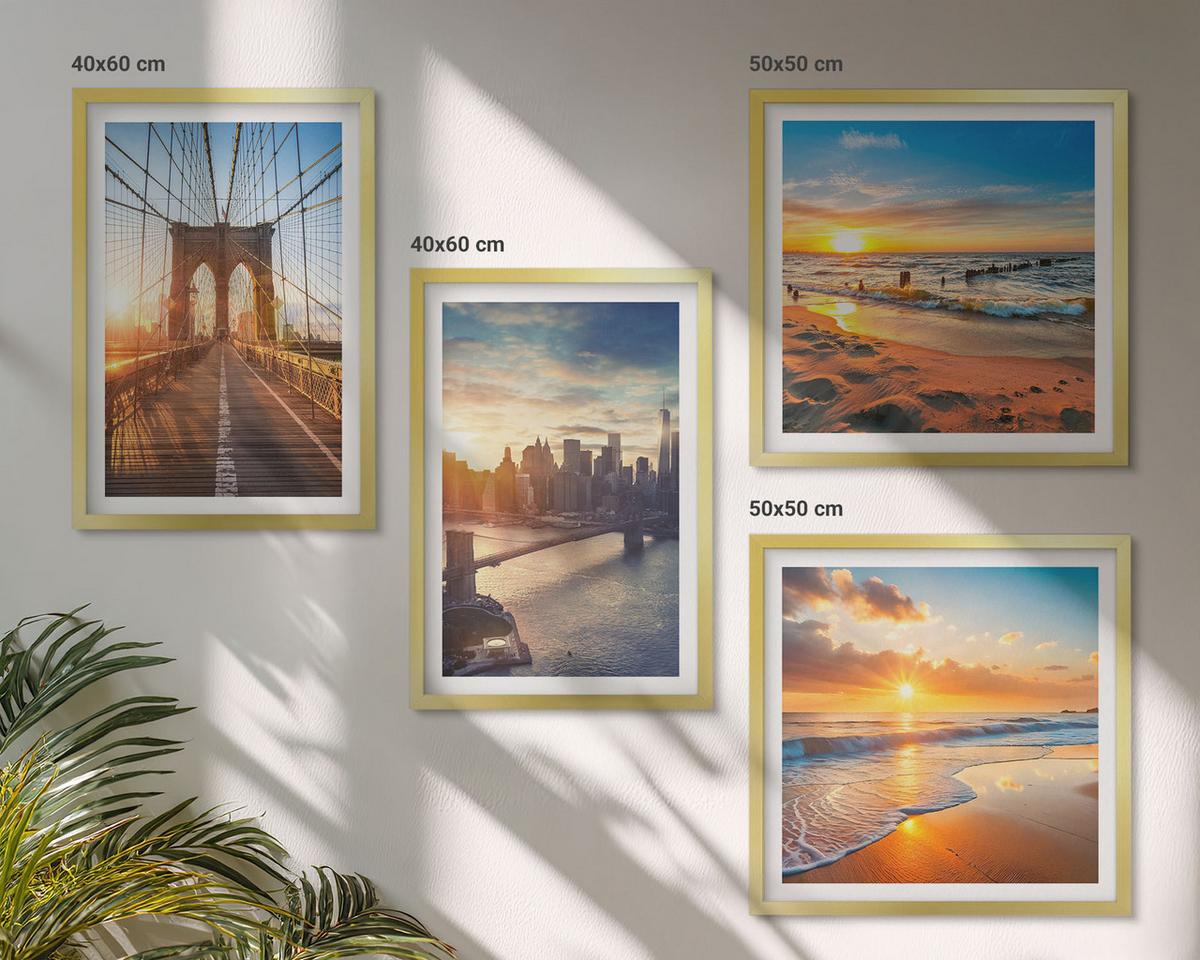 BILDER SET 4er Set - 50x50 cm & 40x60 cm Goldrahmen - Brücken, Sonnenuntergänge, Stadt - Goldfarben, Kunststoff (50/50cm) - TULUP
