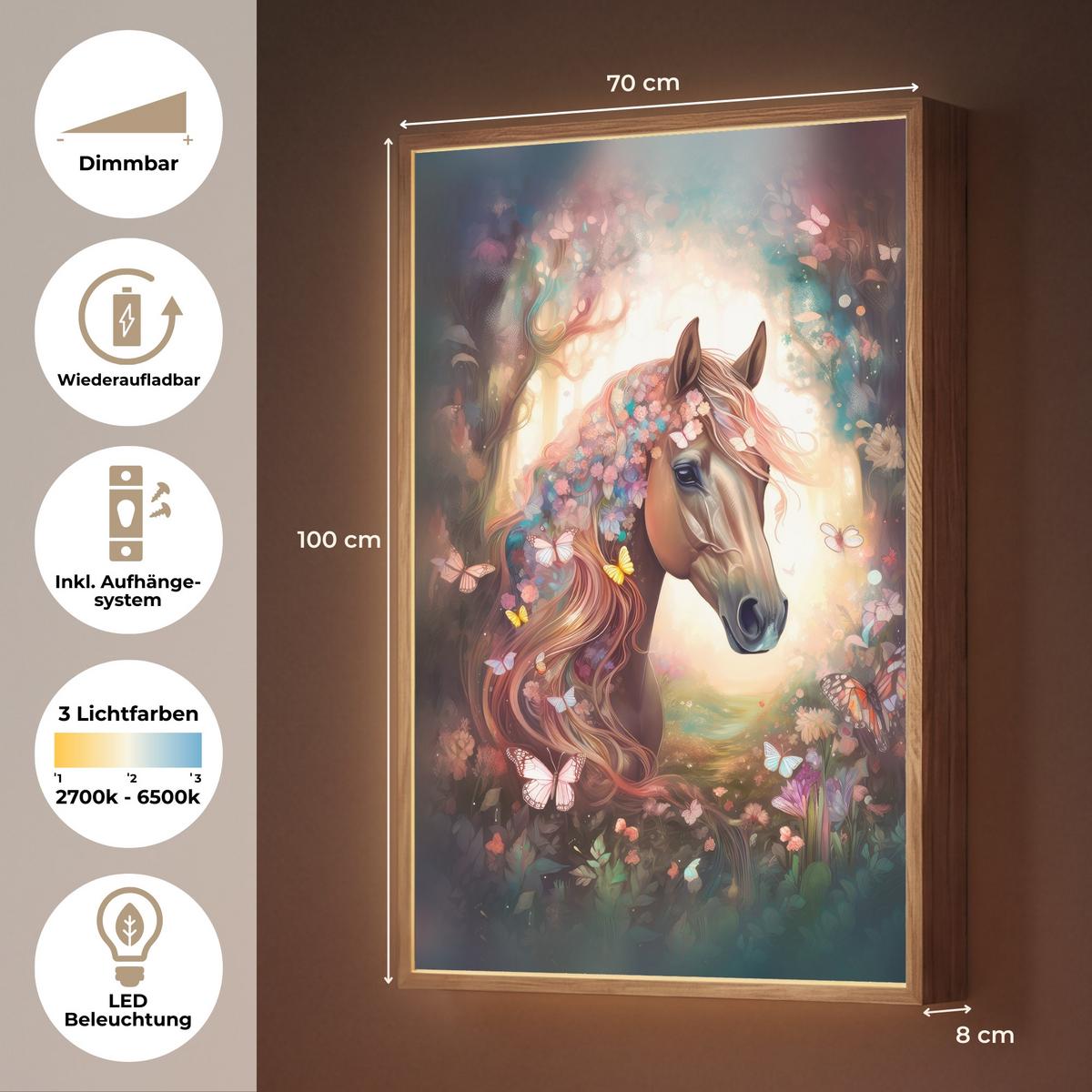 WANDLEUCHTE MIT AKKU Pferd - Natur - Blumen - Schmetterlinge - Wald 70x100 cm - Dunkelbraun, Holzwerkstoff (70/100/8cm) - OnlyWow