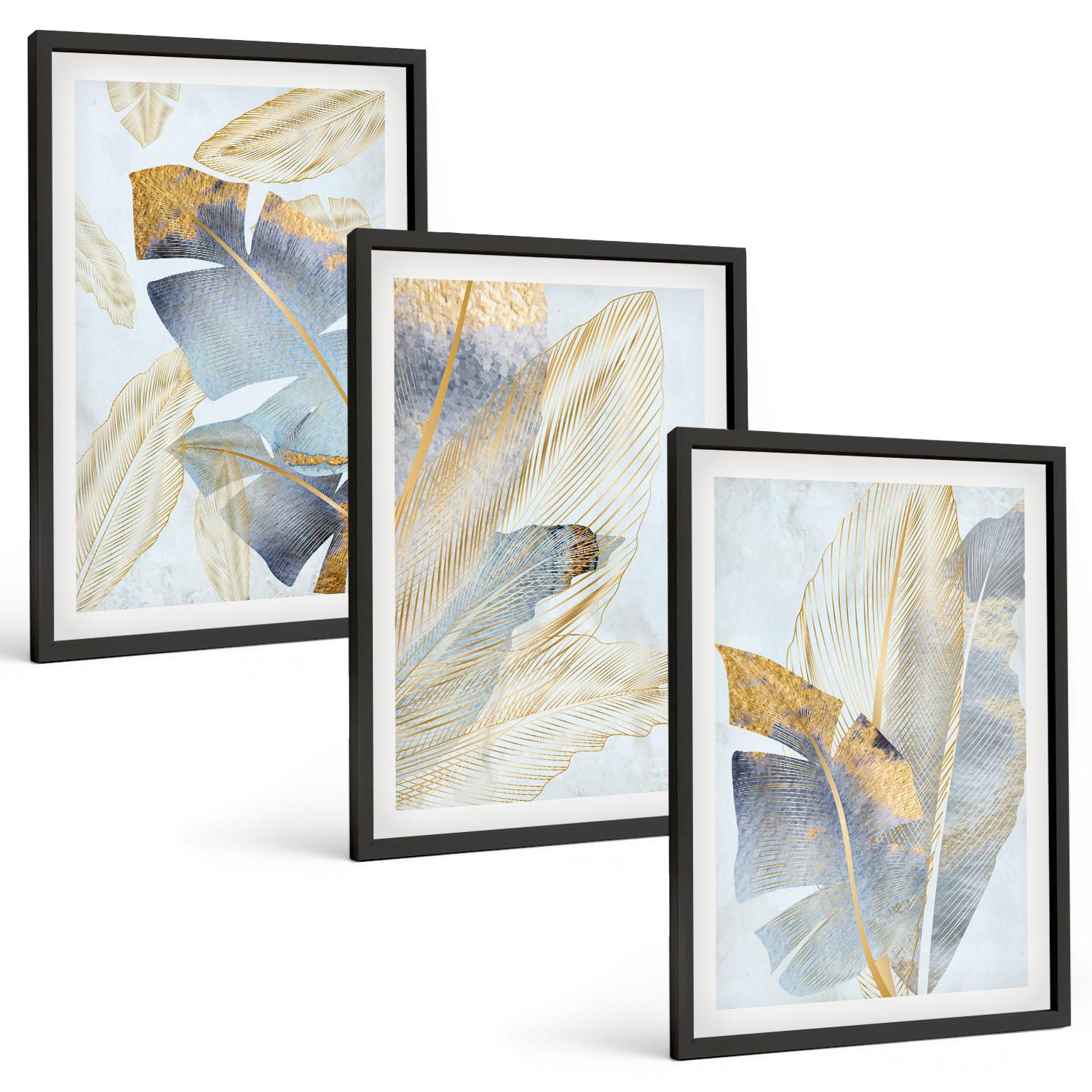 BILDER SET 3er Set - 40x60 cm Schwarzer Rahmen - Hellblau-beige Blätter - Schwarz, Kunststoff (40/60cm) - TULUP