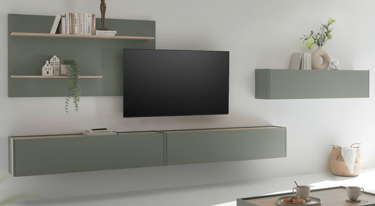 WOHNWAND 4-teilig, Set in Salbei Grün und Eiche, mit XXL TV Lowboard 300 cm hängend, gesamt 400 x 190 cm - Salbeigrün/Eichefarben, Holz/Holzwerkstoff (400/190/30cm) - Furn.Design