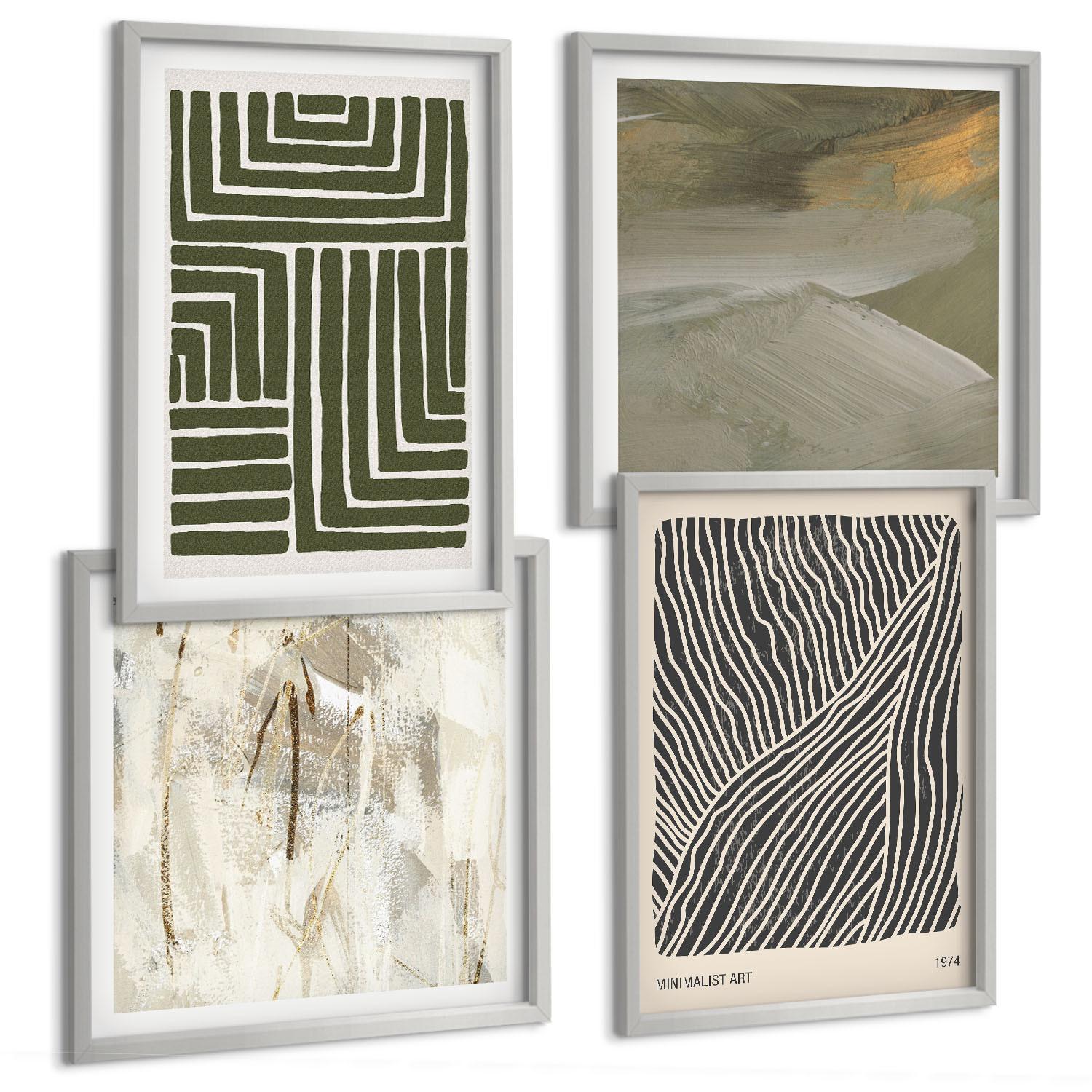 BILDER SET 4er Set - 50x50 cm & 40x60 cm Silberner Rahmen - Formmuster in Grün - Silberfarben, Kunststoff (50/50cm) - TULUP