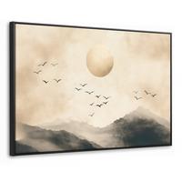 LEINWAND Bilder mit Rahmen - Landschaft - Japandi - Vogel - 140x90 - Beige, Textil (140/90cm) - MuchoWow