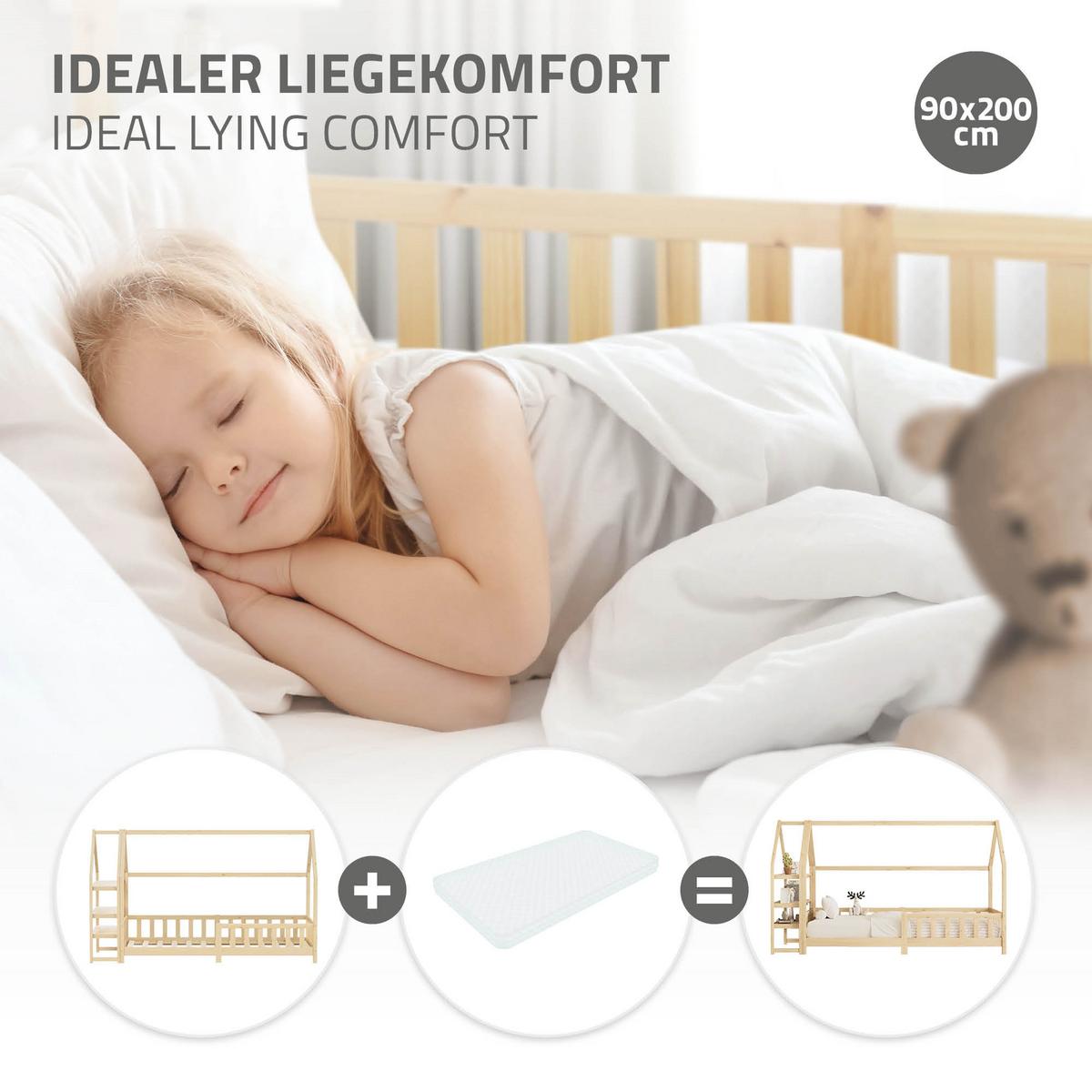 KINDERBETT 90x200 cm mit Rausfallschutz & Regal Natur aus Kiefernholz - Naturfarben, Holz (90/200cm) - ML-DESIGN