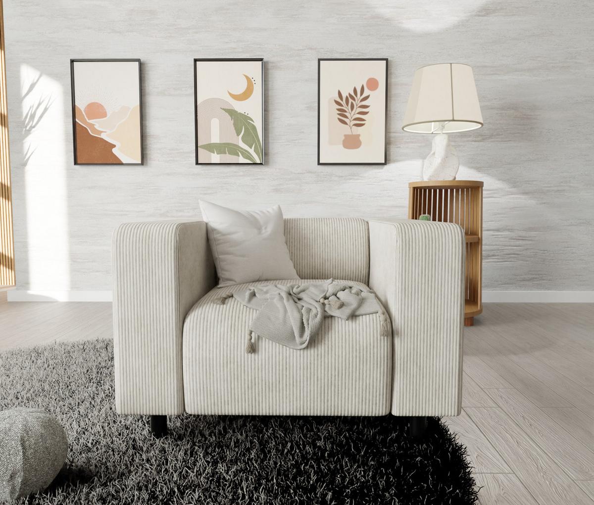 SITZGARNITUR 3+2+1 Tove Beige Cord - Beige/Schwarz, Holz/Kunststoff (175/65/80cm) - S-Style Möbel
