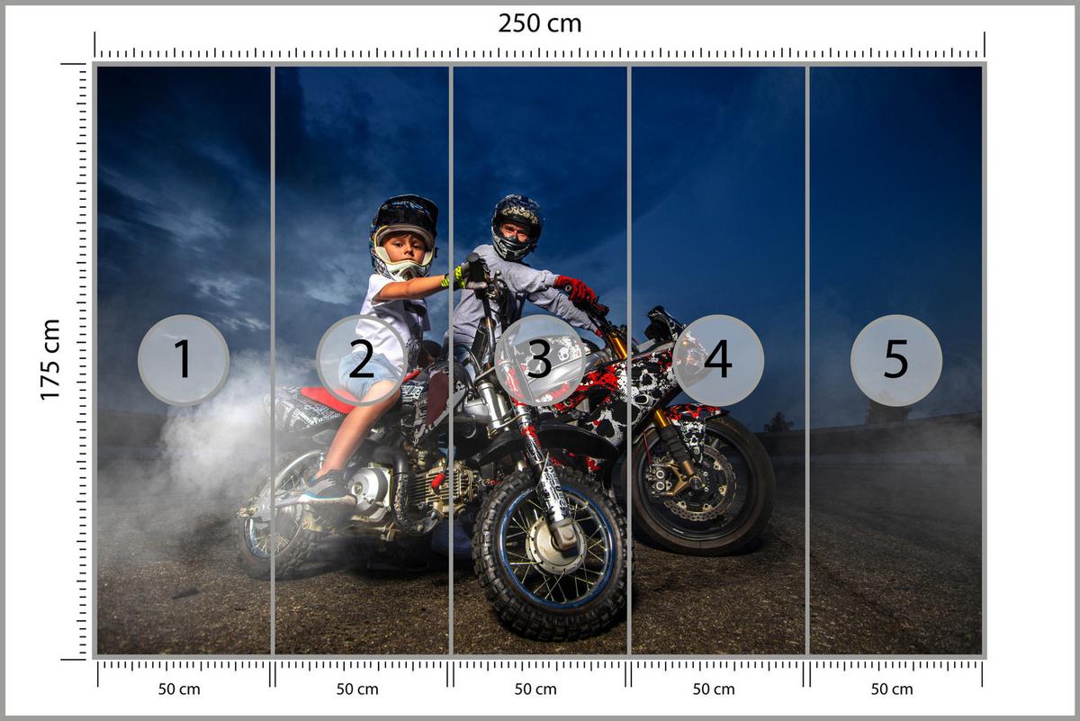 FOTOTAPETE für Schlafzimmer Vater Sohn Motorräder Action 250x175 - Rot/Schwarz, Papier (250/175cm) - Muralo