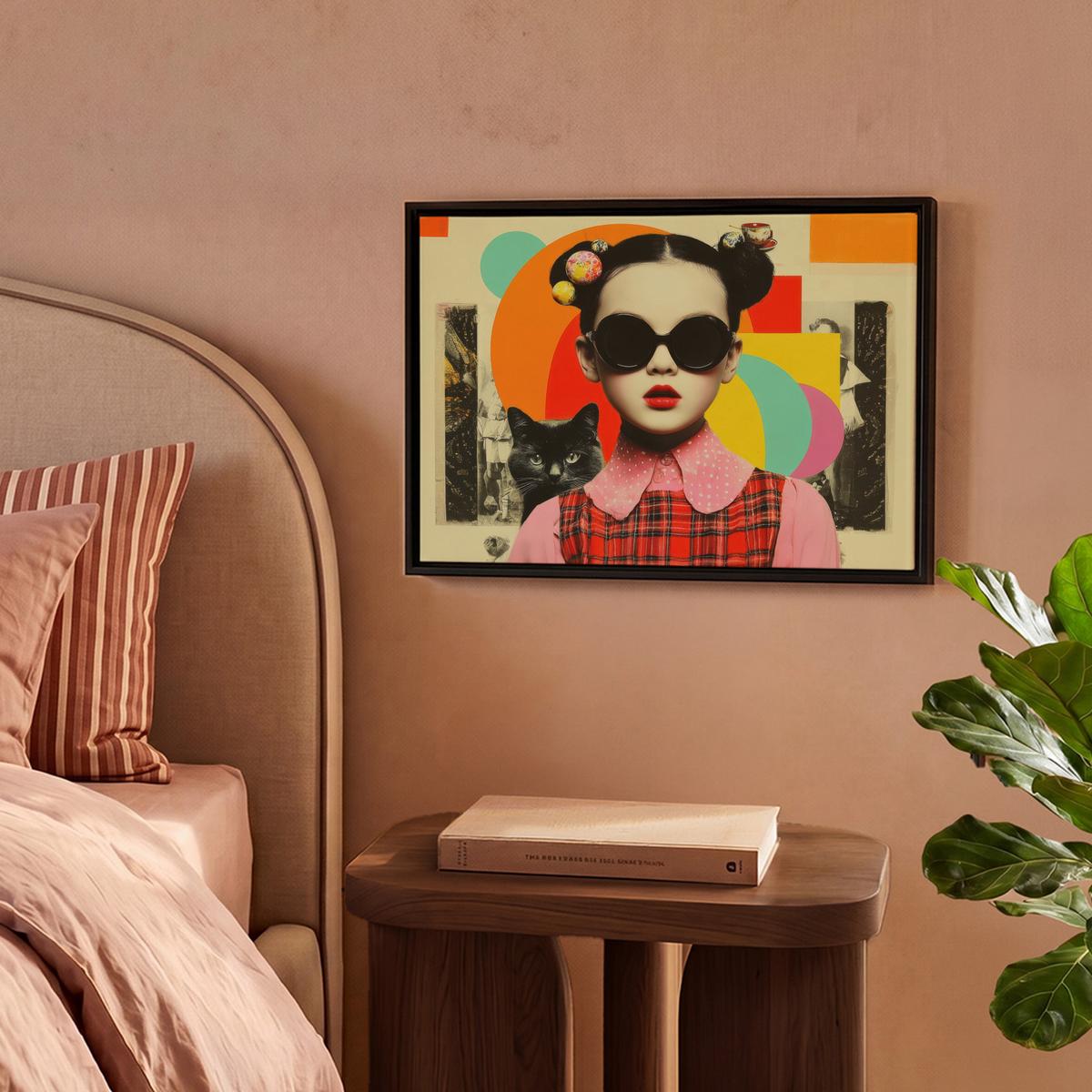 LEINWAND Bilder mit Rahmen - Mädchen - Sonnenbrille - Katze - Retro - 40x30 - Beige, Textil (40/30cm) - MuchoWow