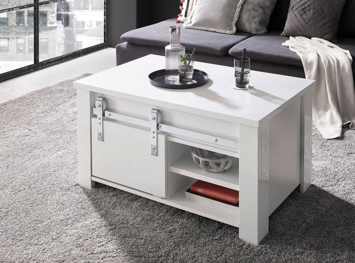 COUCHTISCH weiß Hochglanz 93 x 60 cm, Beistelltisch mit Stauraum - Chromfarben/Weiß Hochglanz, Holzwerkstoff/Kunststoff (93/60/51cm) - Furn.Design