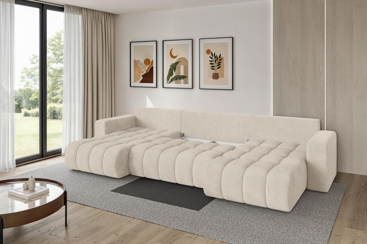 WOHNLANDSCHAFT mit Schlaffunktion und Bettkasten MILA-U-v1 378x194x86 Beige Cord - Beige/Schwarz, Holzwerkstoff/Kunststoff (378/86/194cm) - ALTDECOR