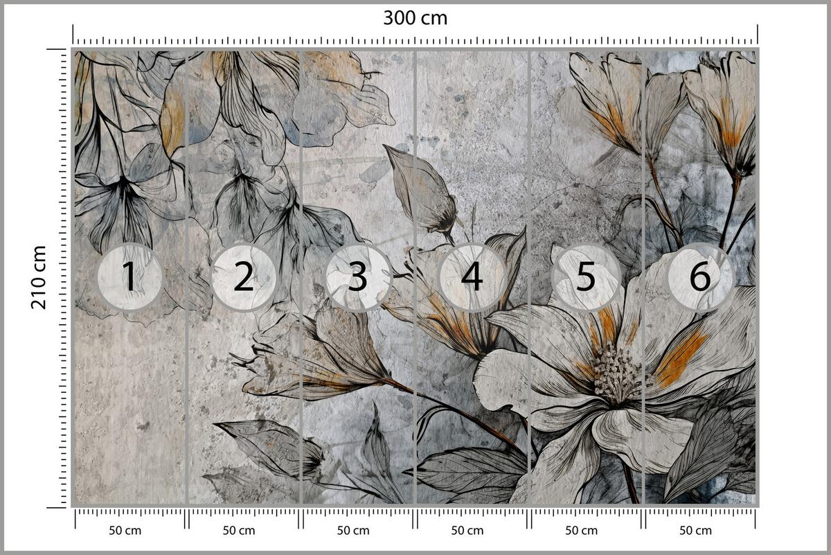 FOTOTAPETE für Büro Blumen Blätter Betongrund Vintage Pflanzen 300x210 - Grau, Papier (300/210cm) - Muralo
