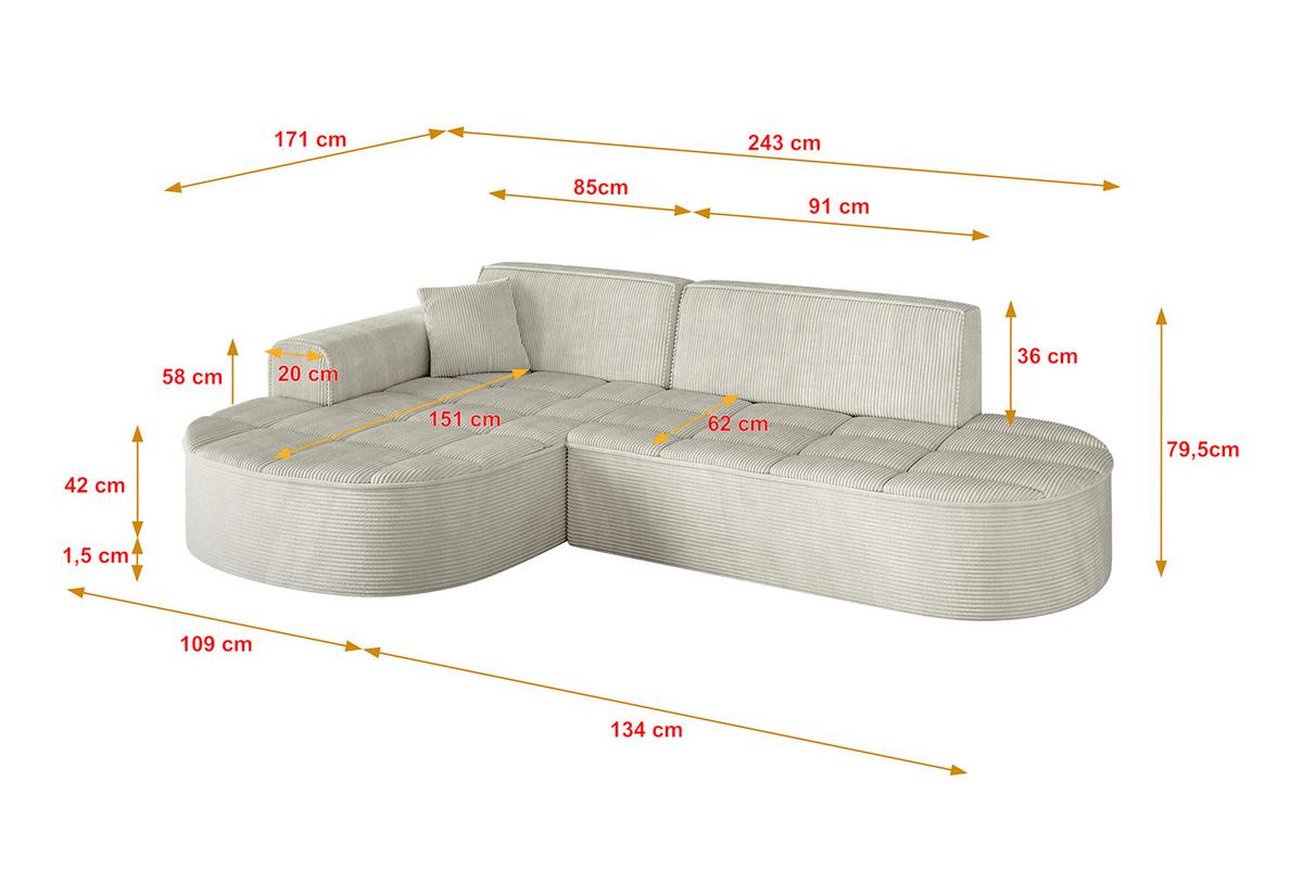 ECKSOFA Ottomane Links TARO-L1 - 243x171x79,5 cm Creme - Hellgrau/Creme, Holzwerkstoff/Textil (243/171cm) - ALTDECOR