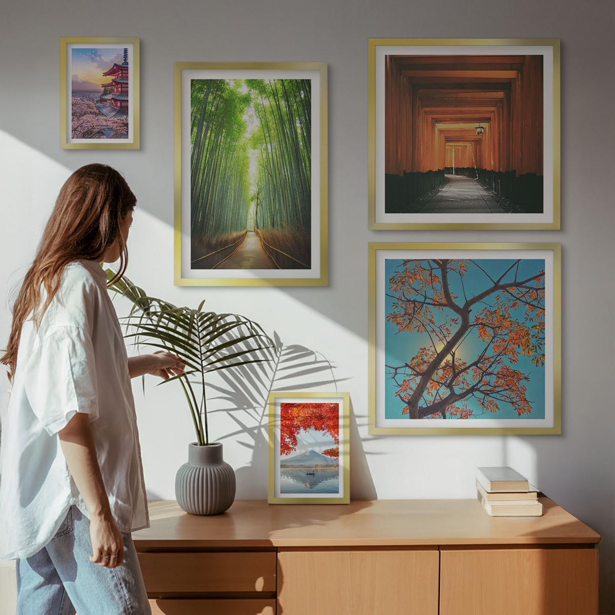 BILDER SET 5er Set - 50x50 cm & 20x30 cm & 40x60 cm Goldrahmen - Meerblick, farbenfrohe Häuser - Goldfarben, Kunststoff (40/60cm) - TULUP
