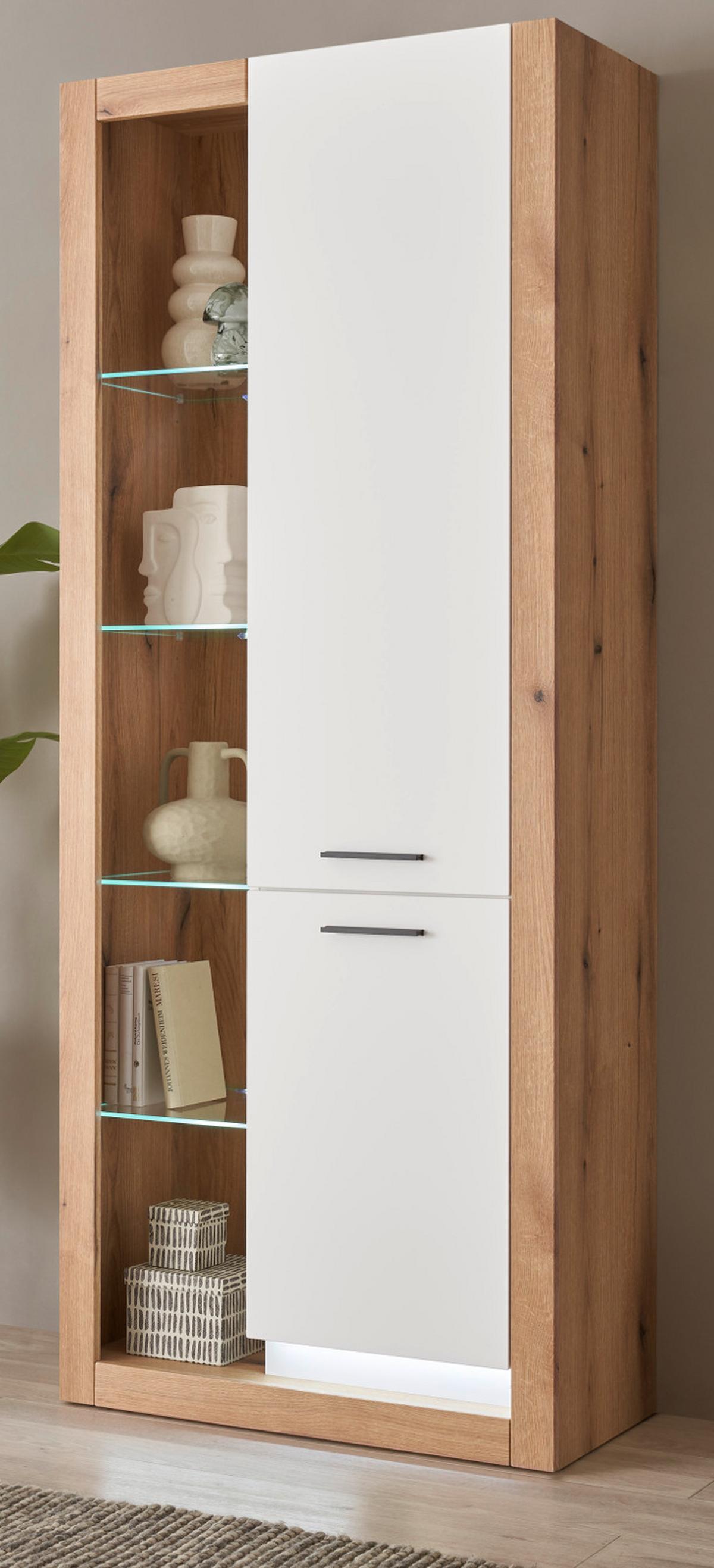 VITRINE weiß matt, Evoke Eiche, Vitrinenschrank 80 x 195 cm - Eichefarben/Silberfarben, Glas/Holzwerkstoff (80/195/37cm) - Furn.Design