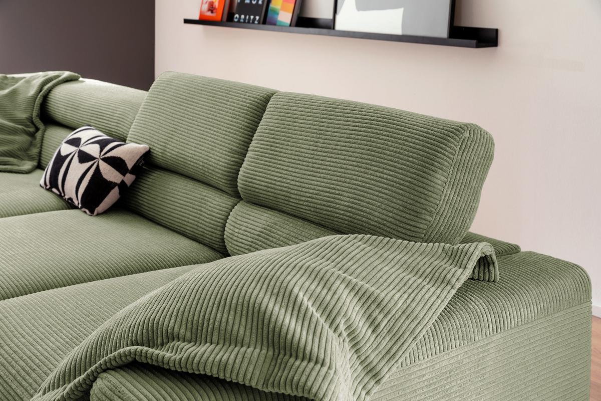 ECKSOFA DELIA Grün Cord Relaxfunktion - Schwarz/Olivgrün, Textil/Metall (276/219cm) - KAWOLA