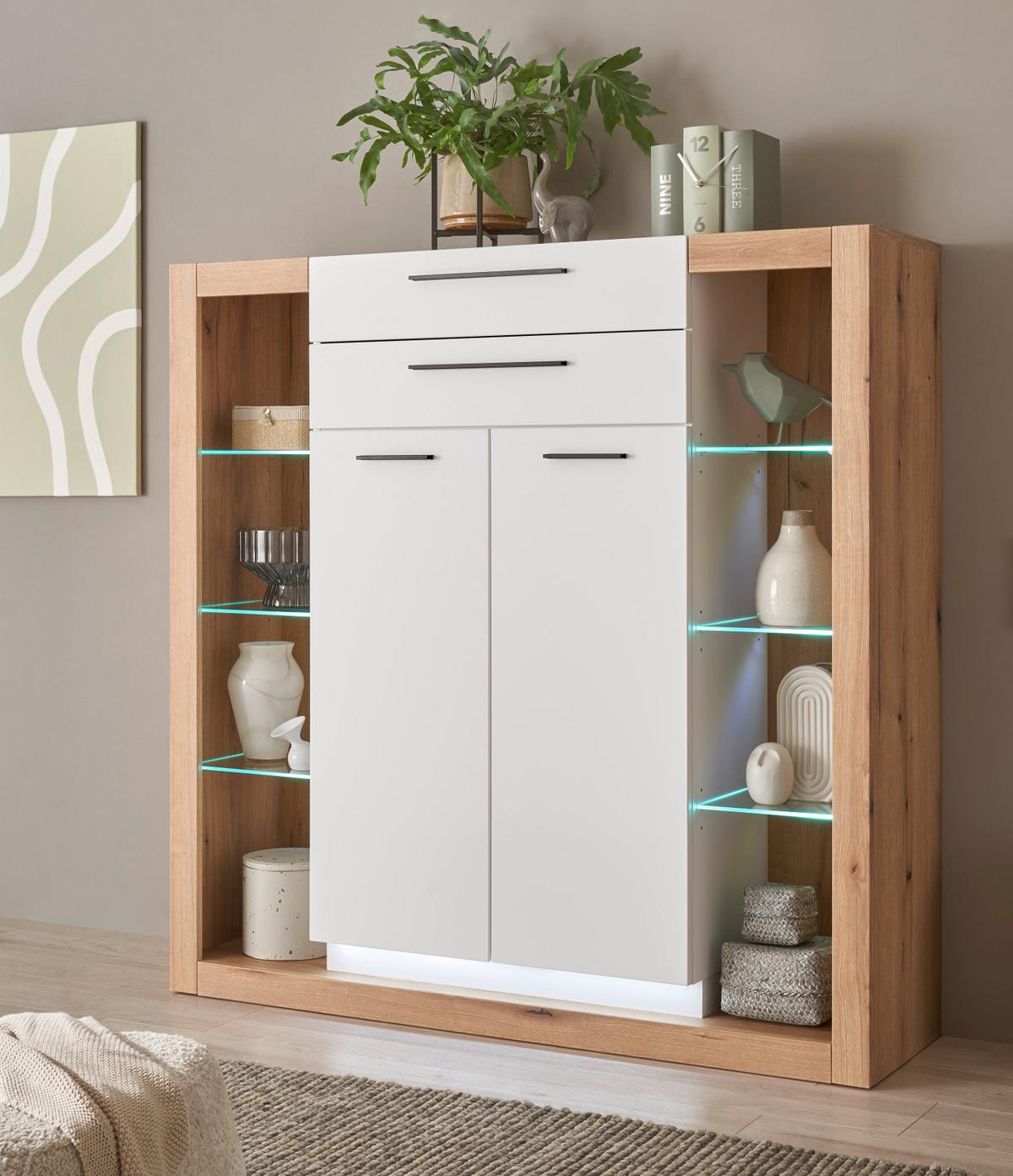 HIGHBOARD weiß matt, Evoke Eiche, Kommode 141 x 139 cm - Eichefarben/Silberfarben, Glas/Holzwerkstoff (141/139/37cm) - Furn.Design