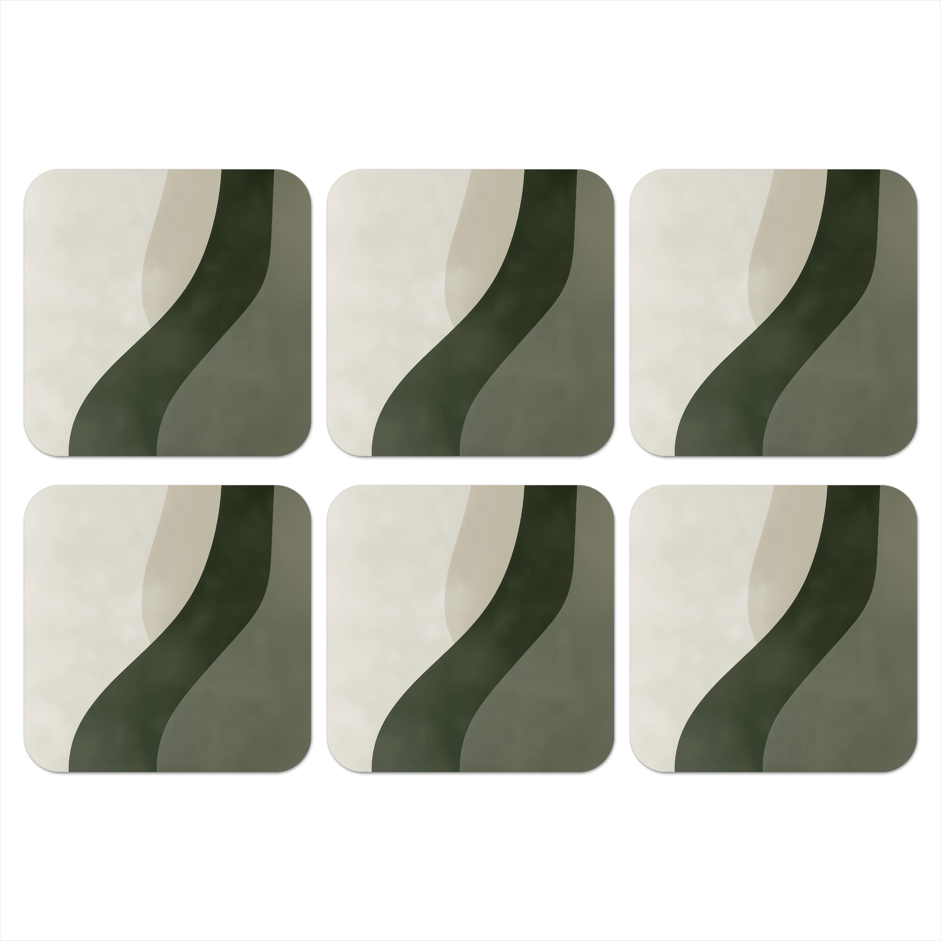 GLASUNTERSETZER 6er-Set Japandi - Grün - Abstrakt - Modern 10x10 cm - Salbeigrün, Naturmaterialien (10/0.2cm) - MuchoWow