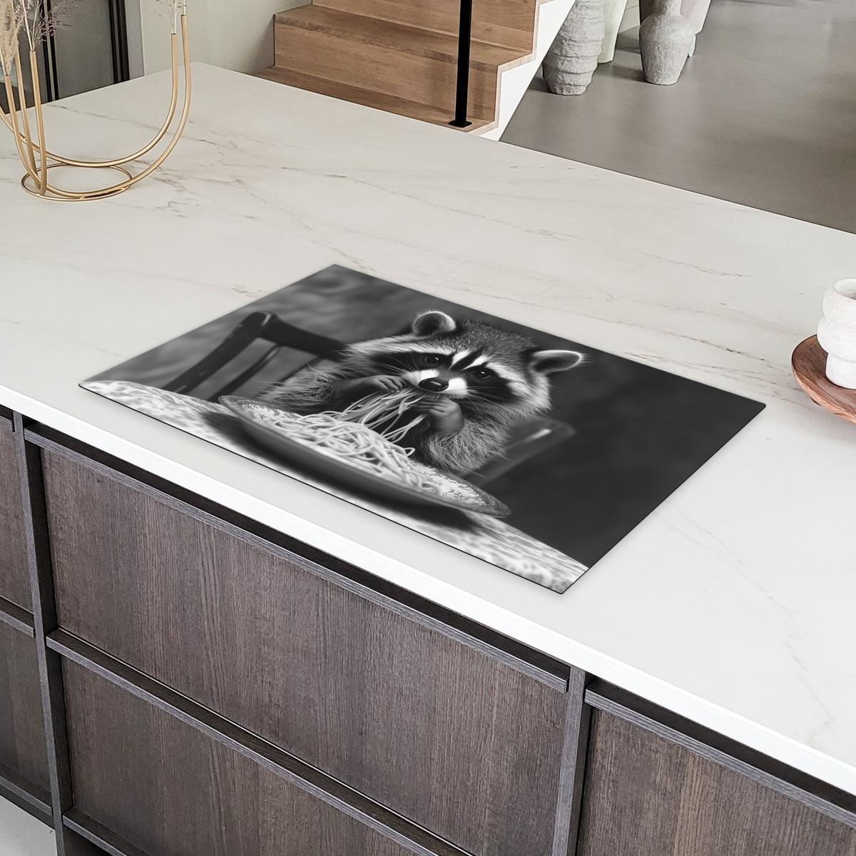 HERDABDECKPLATTE Waschbär - Niedlich - Pasta - Tischtuch - Schwarz - Weiß Ceranfeldabdeckung 85x52 cm - Grau, Kunststoff (85/52/0.2cm) - MuchoWow