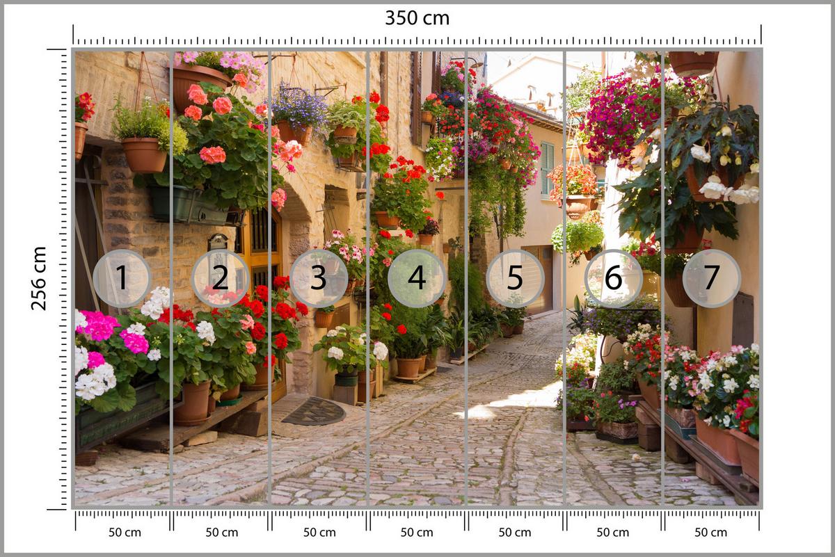 FOTOTAPETE für Wohnzimmer Italienische Steinstraße Blumen Pflanzene 350x256 - Beige/Rot, Papier (350/256cm) - Muralo
