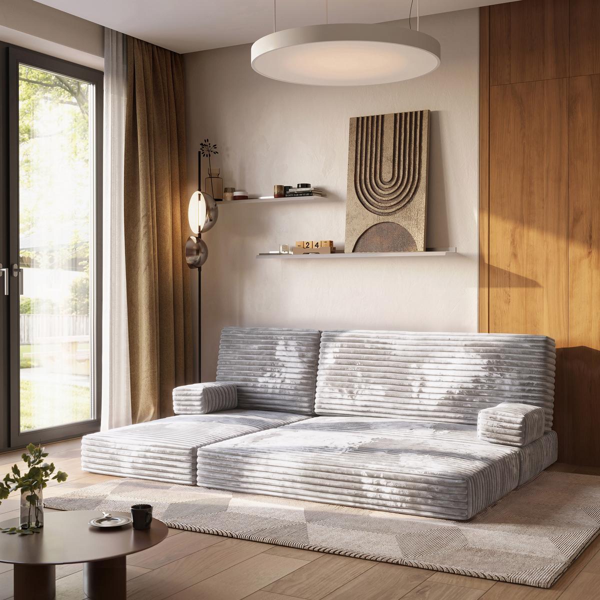 ECKSOFA NOTIA modulares Boneless Sofa mit Schlaffunktion Hellgrau Kordstoff - Grau, Textil (200/120cm) - MASSENO
