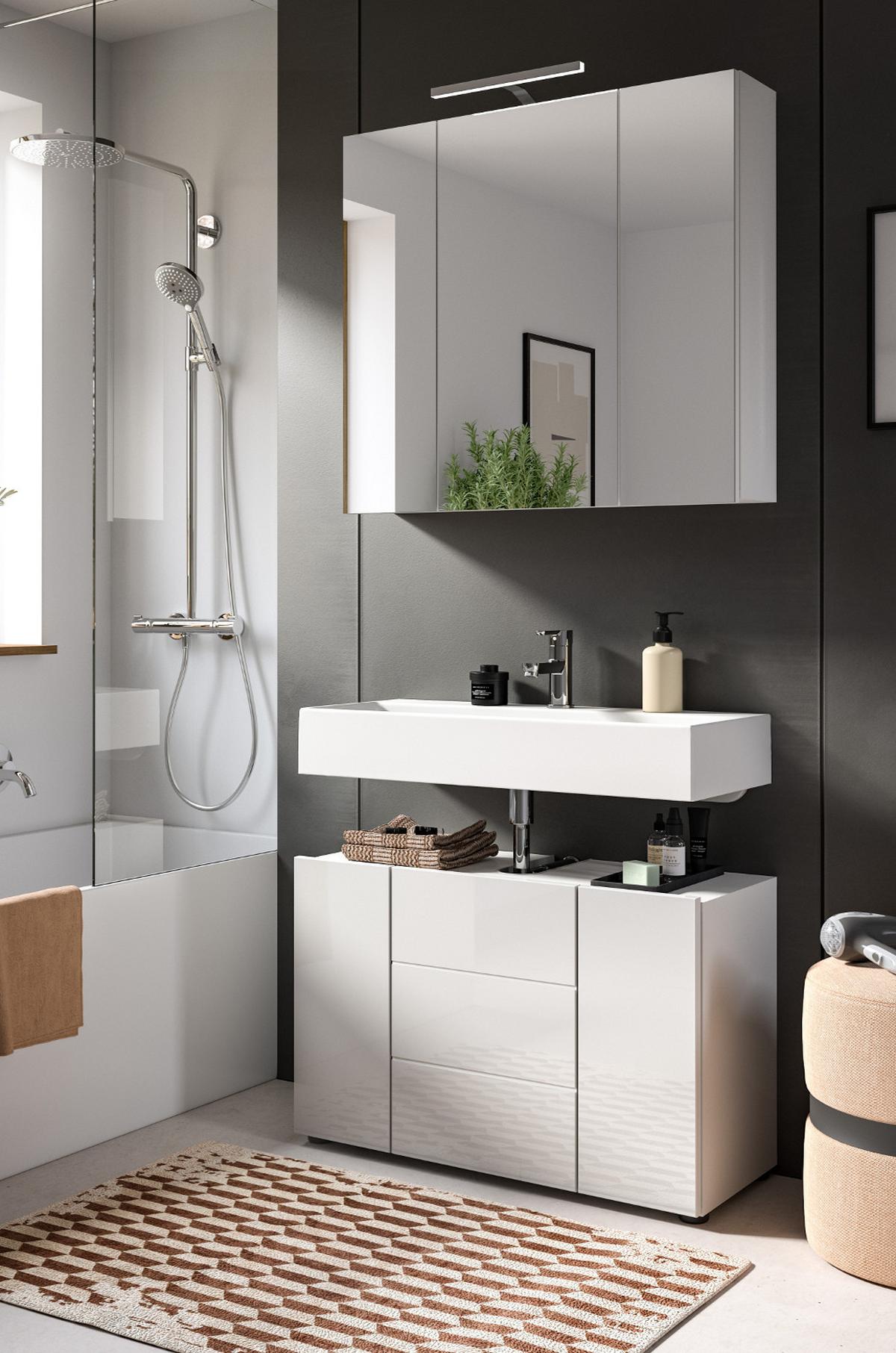 WASCHBECKENUNTERSCHRANK weiß Hochglanz 80 cm, Badezimmer Waschtisch 3-türig - Weiß Hochglanz/Schwarz, Holzwerkstoff/Kunststoff (82/56/34cm) - Inn.Furn