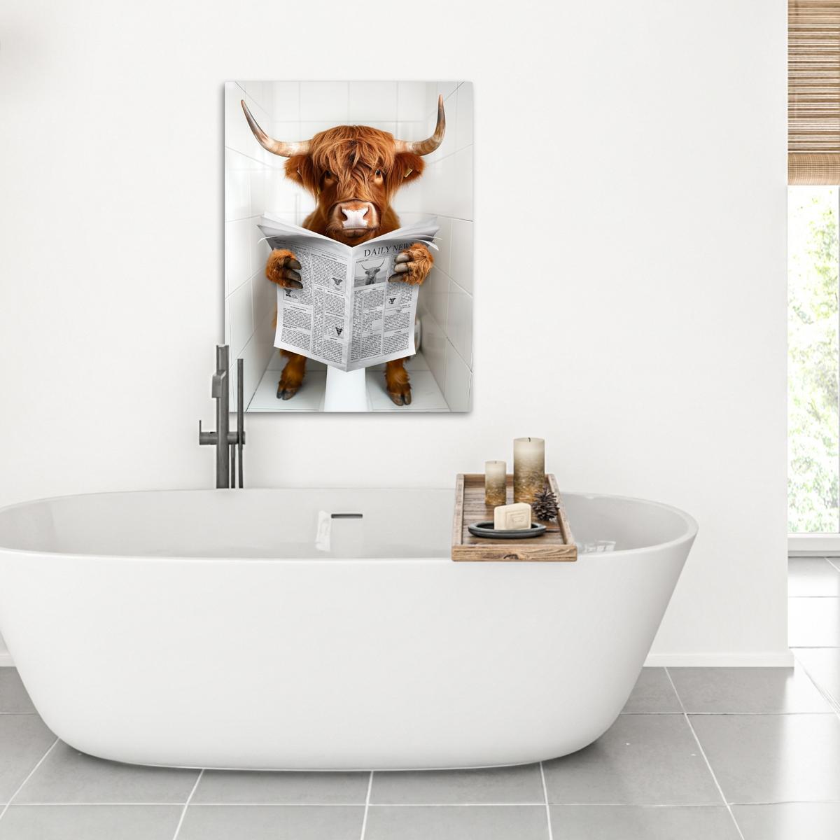 LEINWANDBILD Schottischer Highlander - Tier - Zeitung - Toilette Wandbild Wohnzimmer 50x70 cm - Kastanienfarben, Textil (50/70cm) - MuchoWow