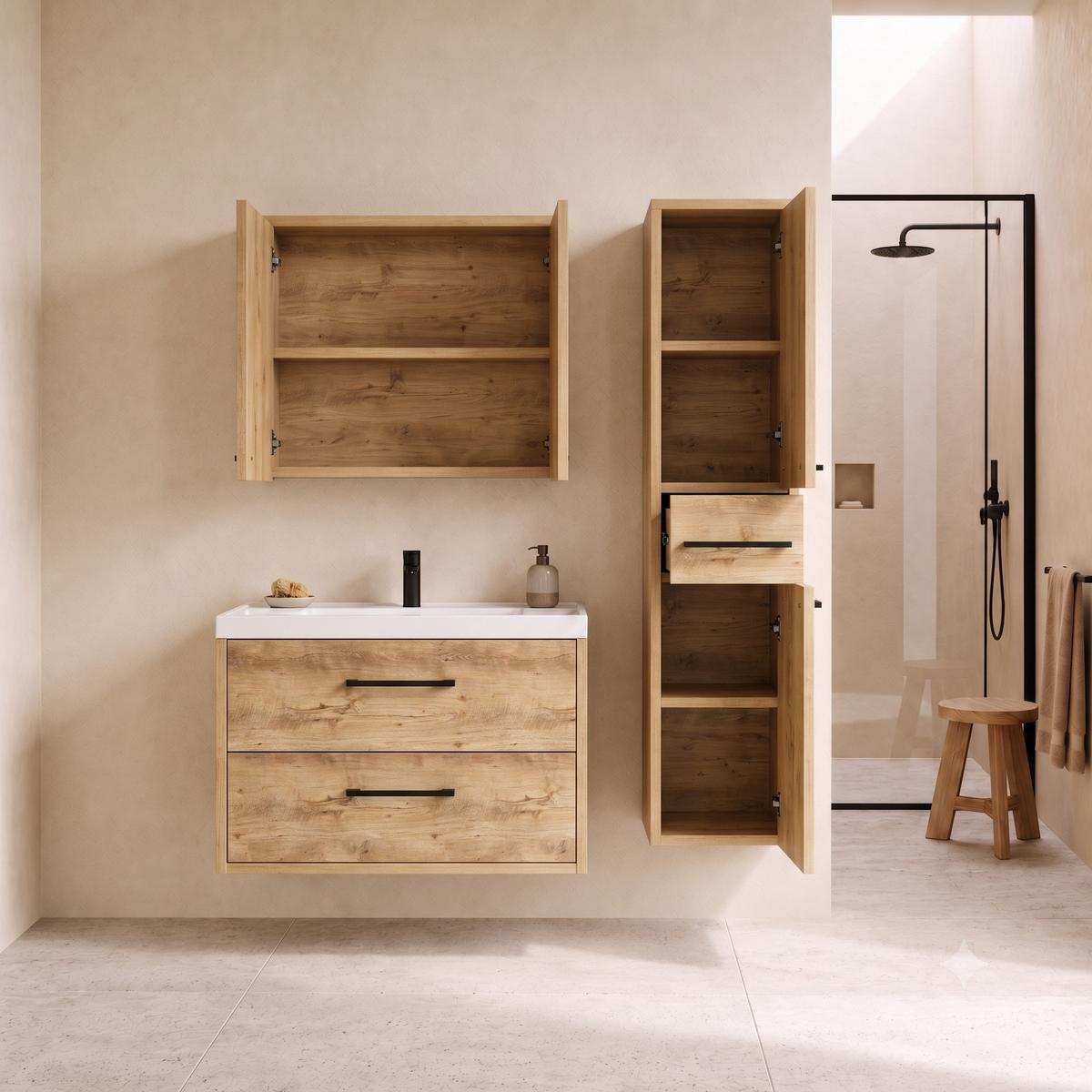BADMÖBEL-SET Florence 3 Teile Kastanien Eiche - 80 x 35 x 51 cm - Eichefarben, Holz (80/51/35cm) - Badplaats