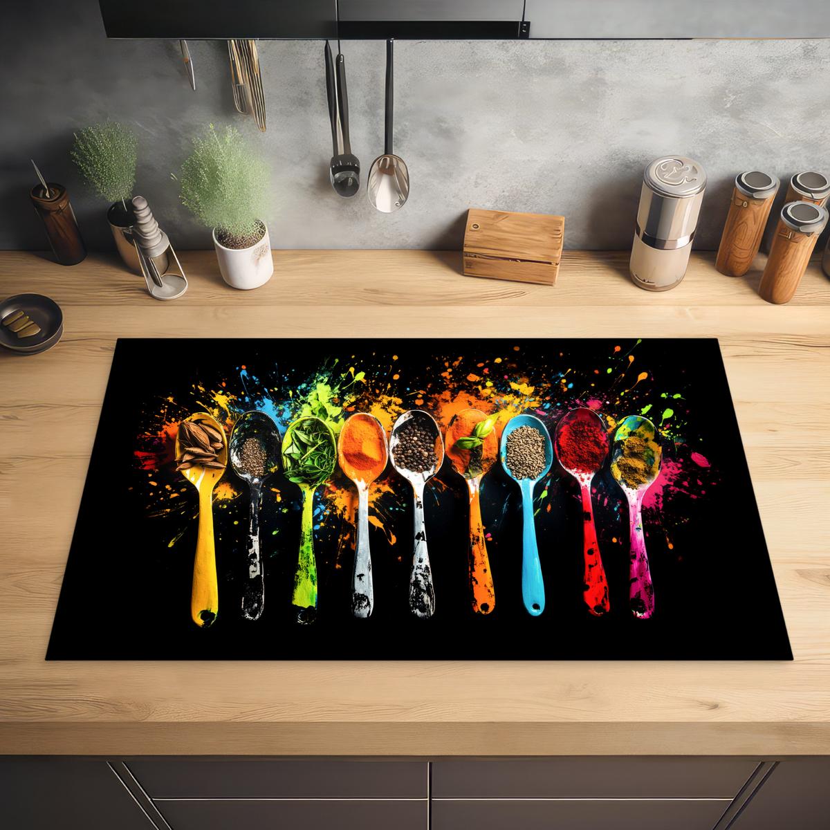 HERDABDECKPLATTE Löffel - Gewürze - Modern - Graffiti - Farbe - Farbenfroh Induktionsmatte 83x51 cm - Multicolor, Kunststoff (83/51.5/0.2cm) - MuchoWow