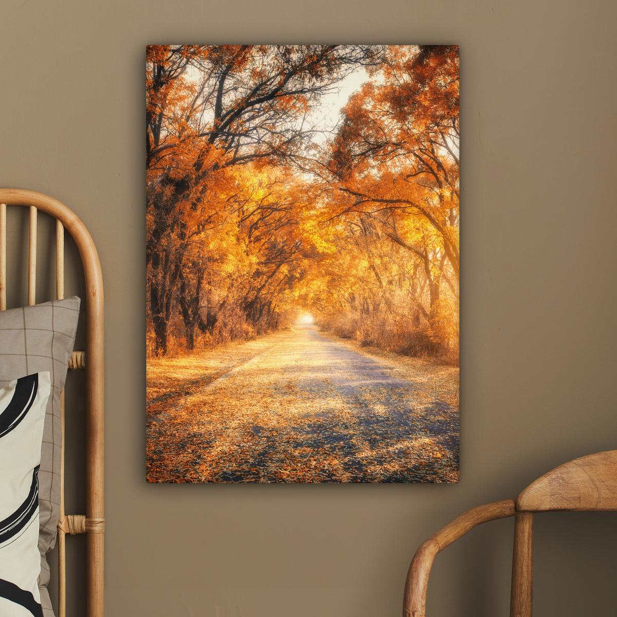LEINWANDBILD Wald - Herbst - Bäume - Waldweg - Natur Wandbild Wohnzimmer 60x80 cm - Bernsteinfarben, Textil (60/80cm) - MuchoWow