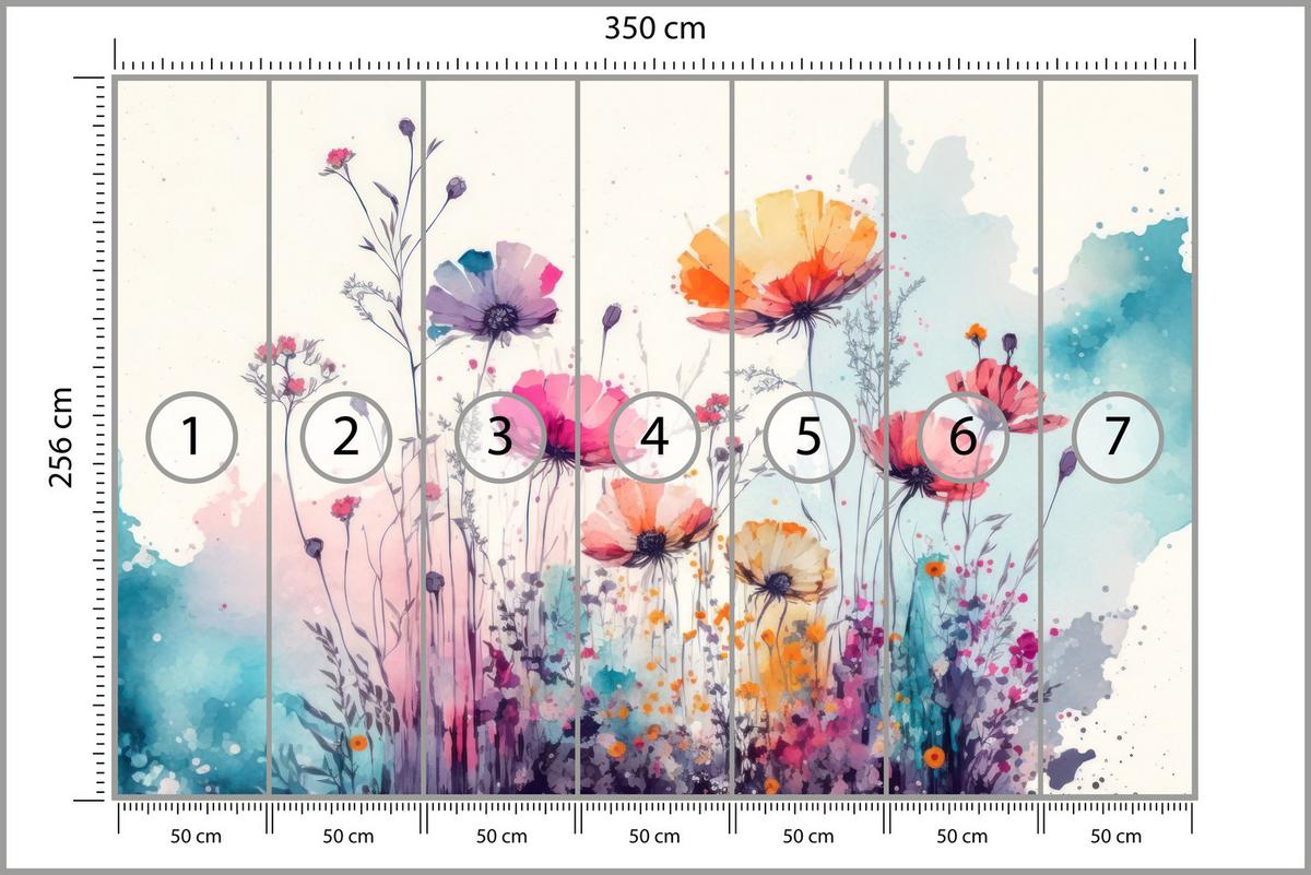FOTOTAPETE für Schlafzimmer Abstrakte Bunte Wiesenblumen Aquarell 350x256 - Türkis/Rot, Papier (350/256cm) - Muralo