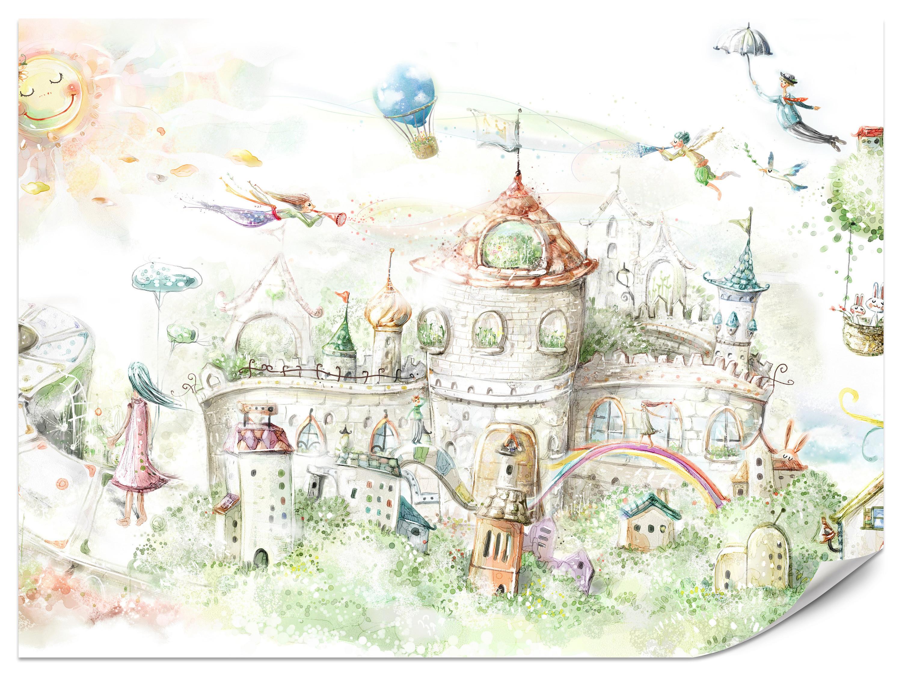 FOTOTAPETE für Kinderzimmer Märchenstadt Schloss Magisch 400x280 - Blau/Gelb, Papier (400/280cm) - Muralo