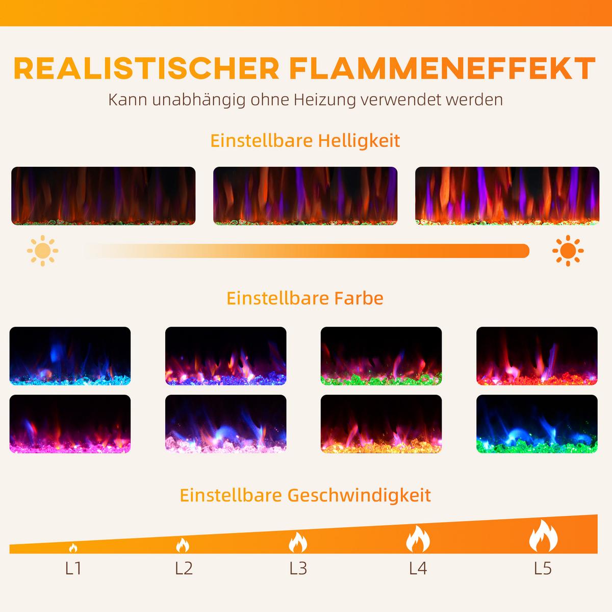 ELEKTROKAMIN mit Heizung 11 farbigen Flammeneffekten 12 Kristallfarben - Schwarz, Metall (9.4/47/106.7cm) - HOMCOM