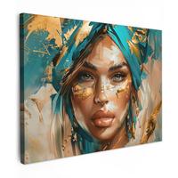 LEINWANDBILD Frau - Porträt - Gold - Luxus - Blau Wandbild 40x30 cm - Türkis, Textil (40/30cm) - MuchoWow