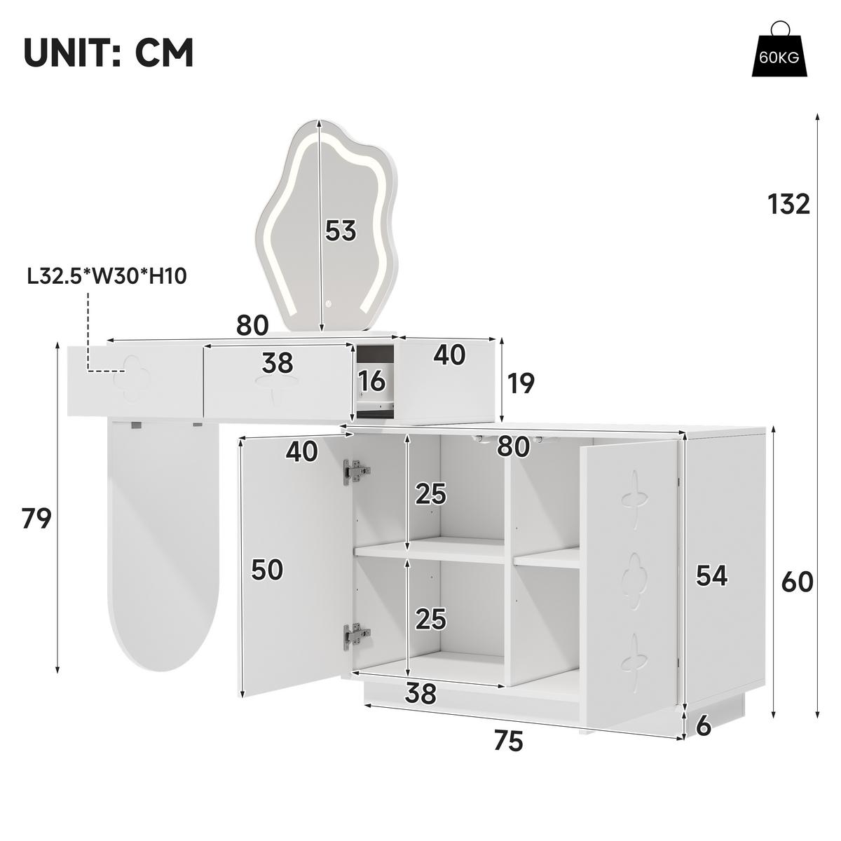 SCHMINKTISCH mit LED-Spiegel & flexiblem Seitenschrank - Weiß, Holzwerkstoff (160/132/40cm) - Urban Meuble