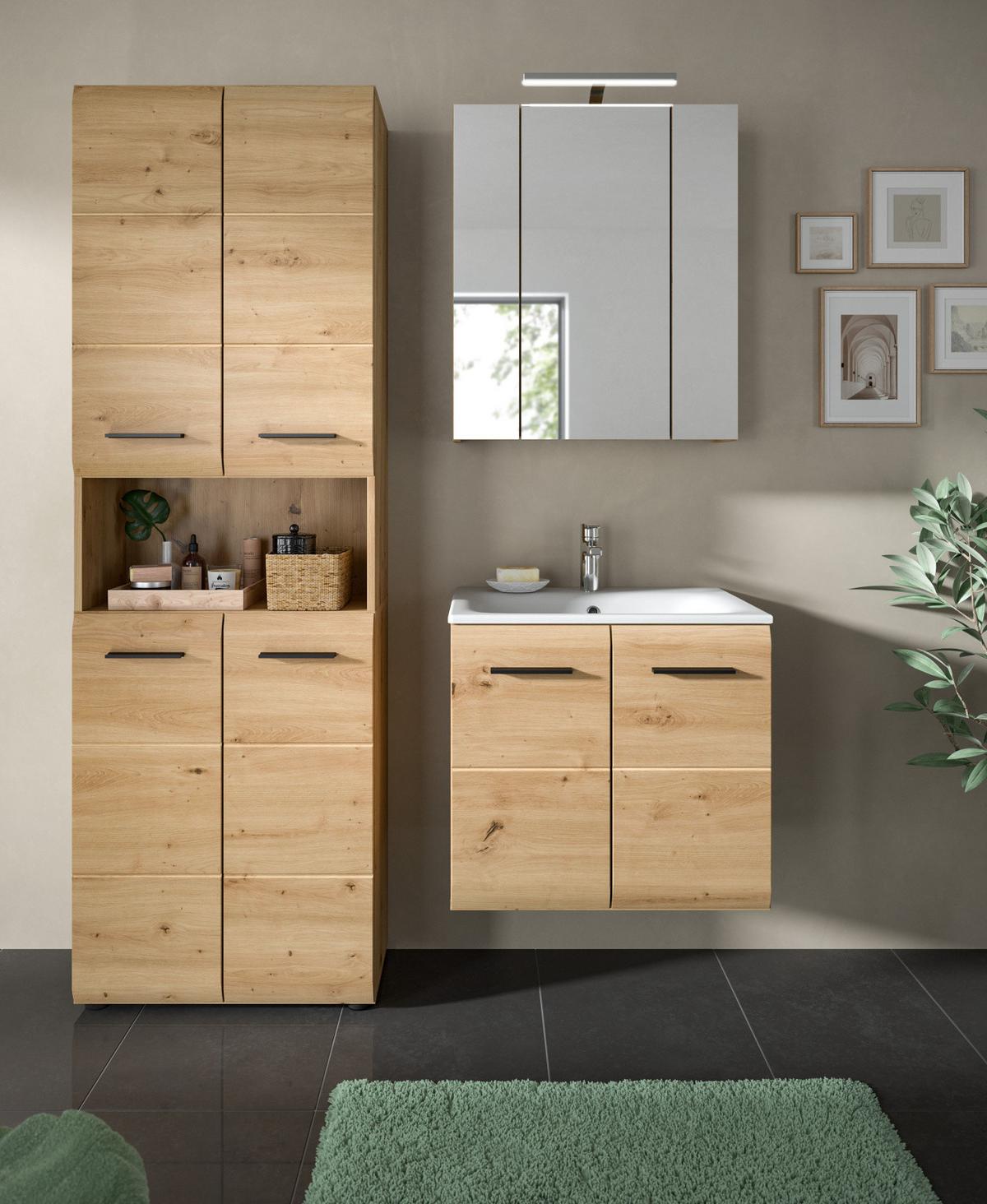 HOCHSCHRANK in Eiche Artisan, Badschrank 4-türig 60 x 185 cm mit viel Stauraum - Schwarz/Eiche Artisan, Holzwerkstoff/Kunststoff (60/185/30cm) - Inn.Furn