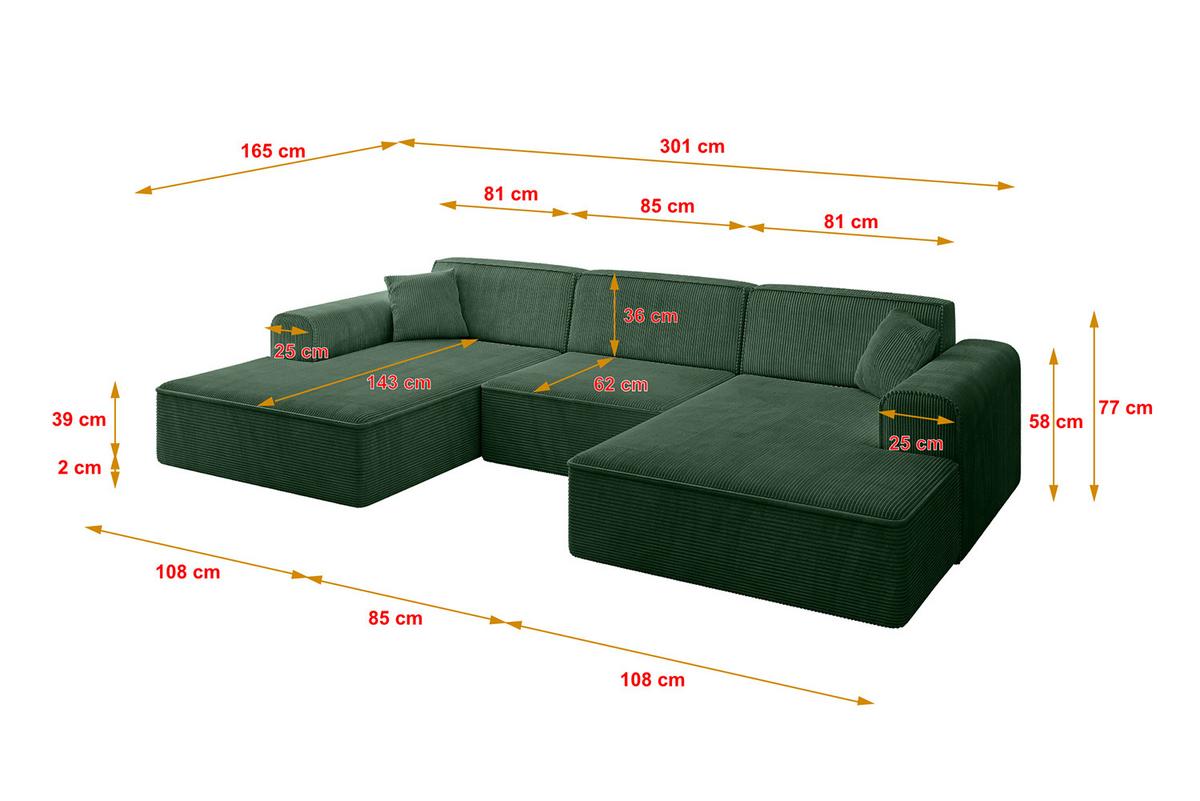 WOHNLANDSCHAFT IREA-U1-v3 - 301x165x77 cm Grün - Currygelb, Holzwerkstoff/Textil (301/77/165cm) - ALTDECOR