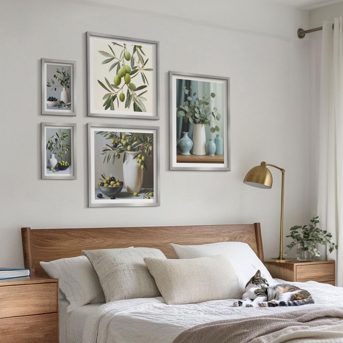 BILDER SET 5er Set - 50x50 cm & 20x30 cm & 40x60 cm Silberner Rahmen - Löwenzahnblüten, pastellfarbene Gräser - Silberfarben, Kunststoff (40/60cm) - TULUP