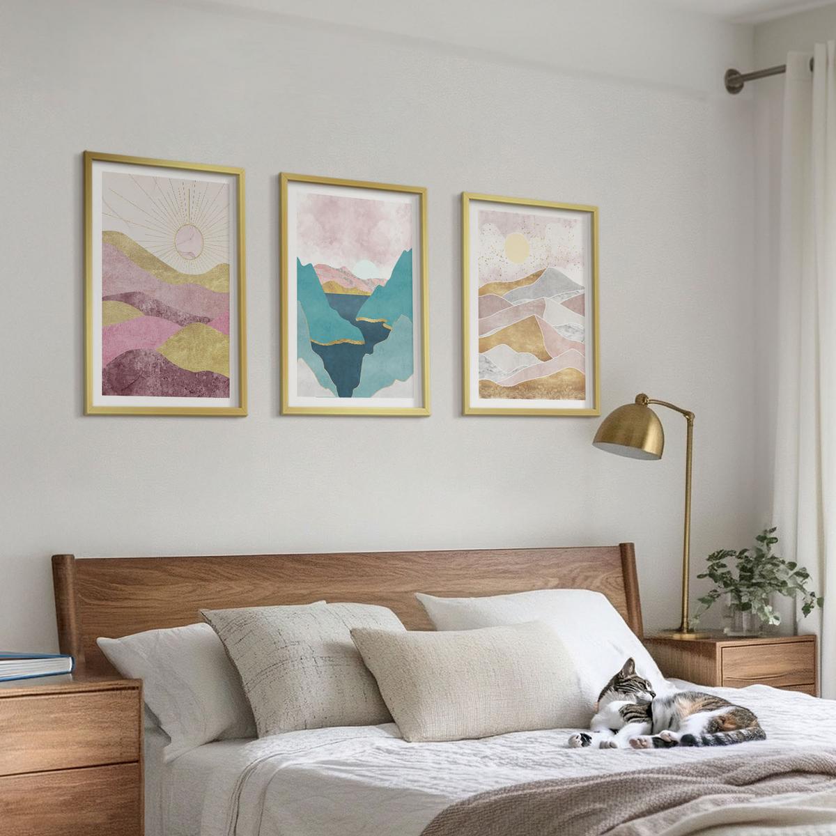 BILDER SET 3er Set - 40x60 cm Goldrahmen - Abstrakte Berge Sonne - Goldfarben, Kunststoff (40/60cm) - TULUP