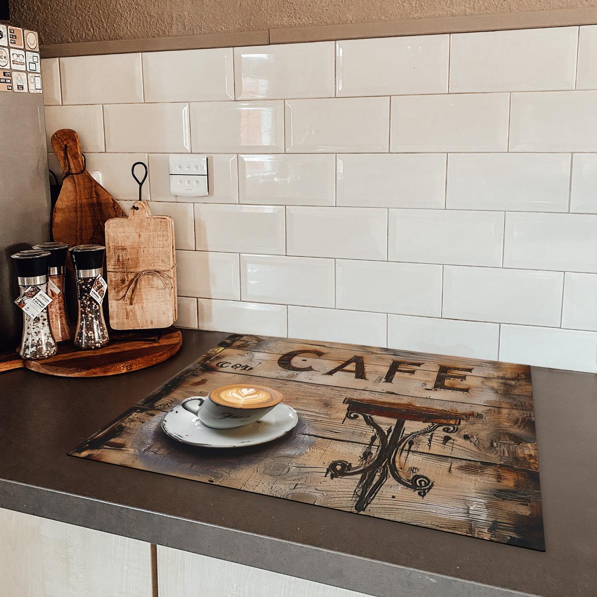 HERDABDECKPLATTE Cafe - Holz - Kaffee - Regale Herdabdeckung Induktionsfeld 65x52 cm - Schwarz, Kunststoff (65/52/0.2cm) - MuchoWow