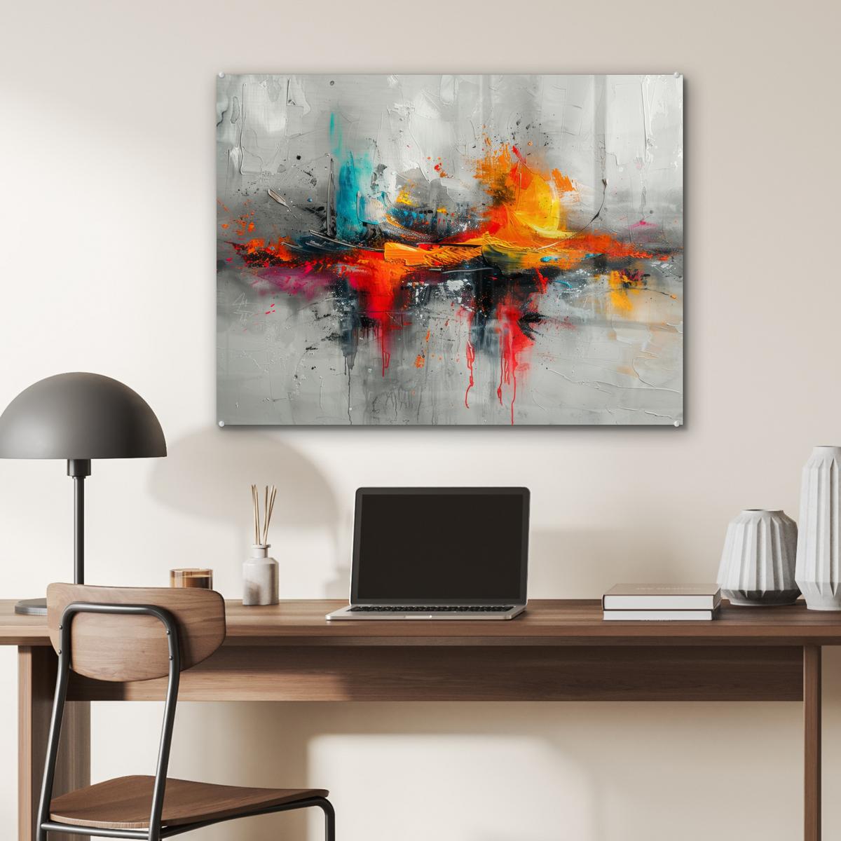 ACRYLGLASBILD Moderne Kunst - Orange - Grau - Abstrakt 80x60 cm - Hellgrau, Glas (80/60cm) - MuchoWow