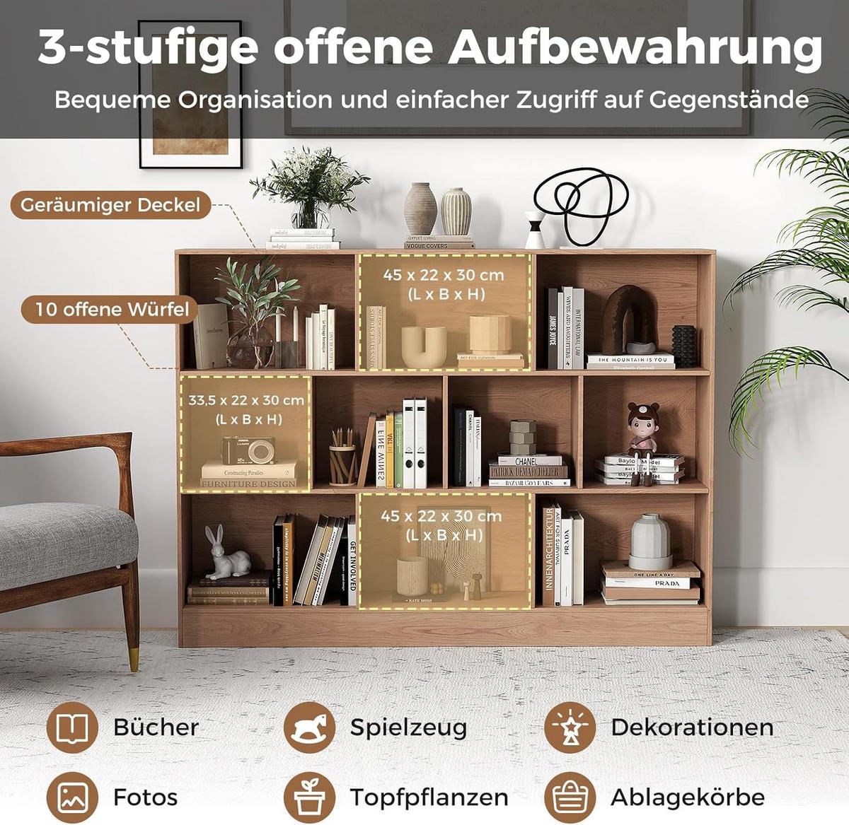 BUCHERREGAL Braun - Braun, Holz (140/104/24cm) - COSTWAY