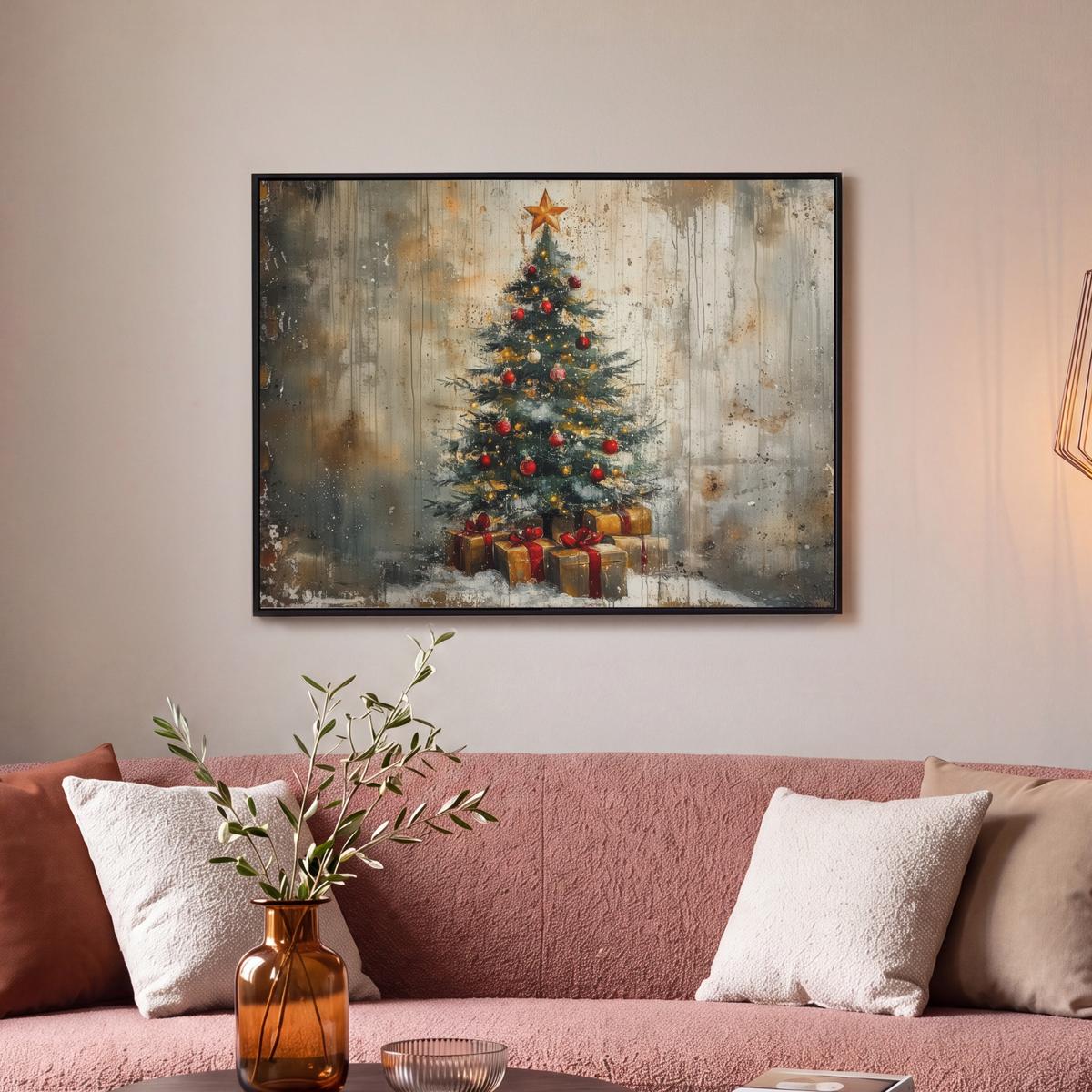 LEINWAND Bilder mit Rahmen - Weihnachtsbaum - Vintage - Weihnachten - Geschenk - 80x60 - Rostfarben, Textil (80/60cm) - MuchoWow