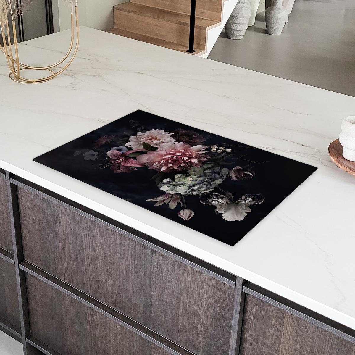 HERDABDECKPLATTE Blumen - Vintage - Pastell - Rosa - Weiß Ceranfeldabdeckung 85x52 cm - Altrosa, Kunststoff (85/52/0.2cm) - MuchoWow