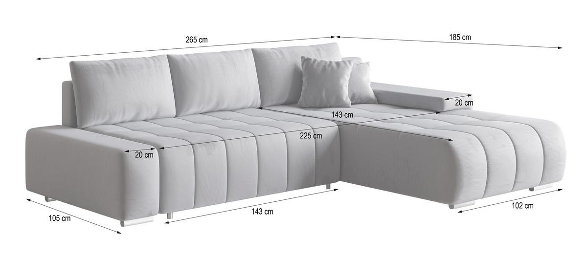 ECKSOFA ALESE L-S Schwarz Velours-Stoff mit Schlaffunktion - Silberfarben/Schwarz, Holz/Textil (265/185cm) - MASSENO